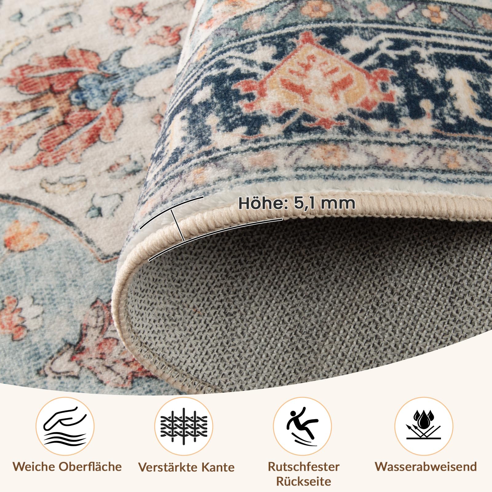 INOVADAY Vintage Waschbarer Teppich Wohnzimmer 90x150 cm Boho Kurzflor rutschfest Teppich Weich Teppiche mit Druckmuster für Schlafzimmer, Esszimmer, Büro Beige/Blau/Orange