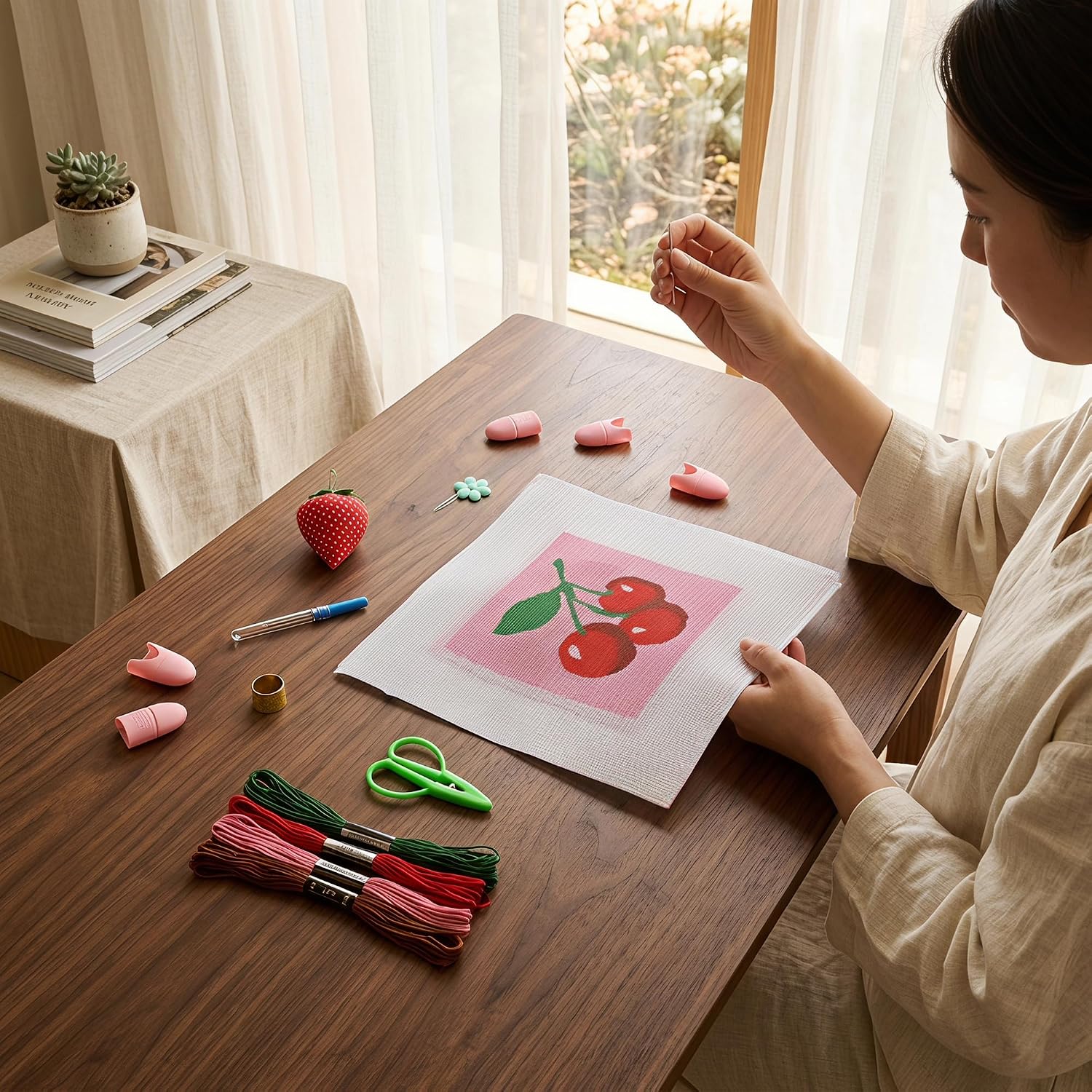 31Pcs Heart Cherries 18 Mesh Painted Needlepoint Canvas Kit For Beginners