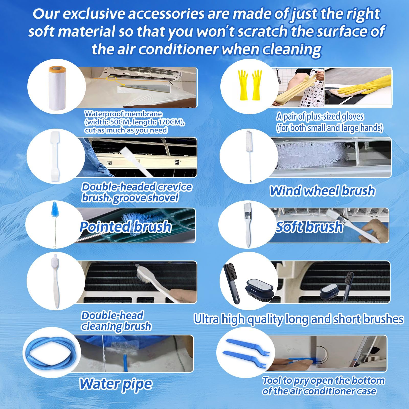 ZSPLIT-MAIR kit per pulizia split condizionatore,sacco per pulizia split condizionatore,kit pulizia climatizzatore split( 15pezzi, blu reale, taglia media: 68-98 cm/27,55-39,37 pollici)