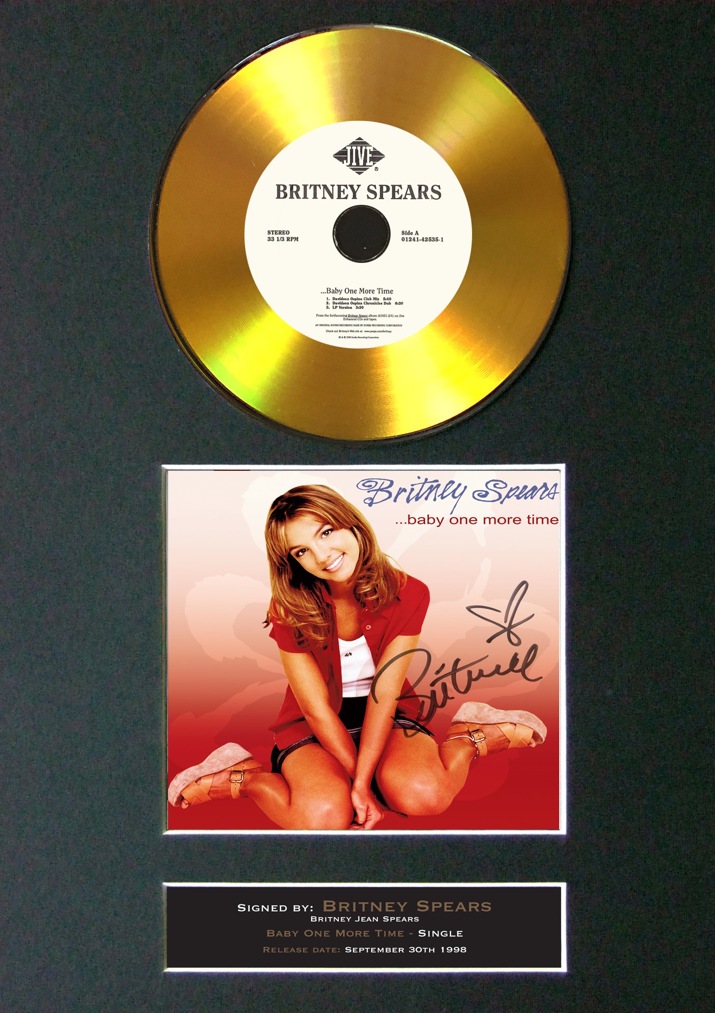The Autograph Collector Gold,Black #139 Gold Disc Britney Spears Baby One More Time Signed Autograph Mounted Reproduction A4 Print (Not Framed)
