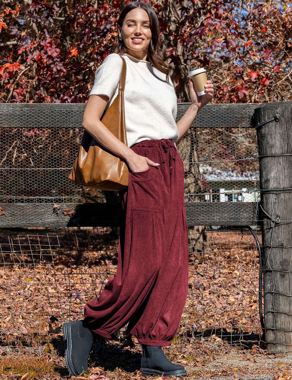 TARSE Womens Corduroy Pants Harem Casual Loose Fit Baggy Elastic Waist Lantern Fall Pants with Pockets - Image 3