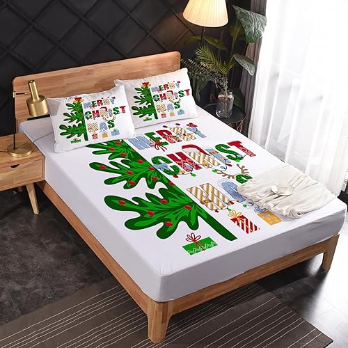 Vista 18 de Juego de sábanas tamaño Queen, sábanas de Navidad, sábanas y fundas de almohada, microfibra suave, bolsillo profundo y sin arrugas, juego de sábanas