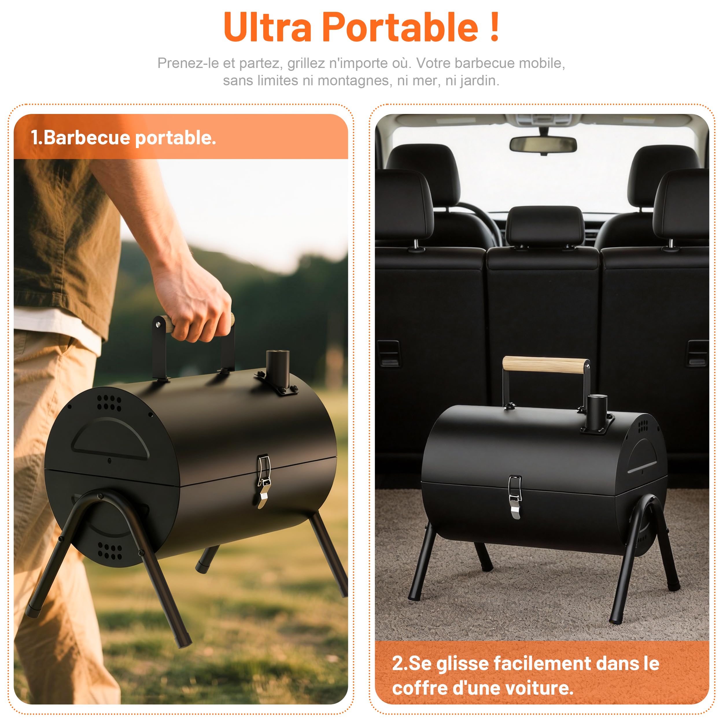 Barbecue Portable à Charbon de Bois, 2-en-1 Mini Barbecue de Table avec Grille Chromée, Poignée Froide et Verrou de Sécurité, Compact pour Camping, Jardin, Balcon