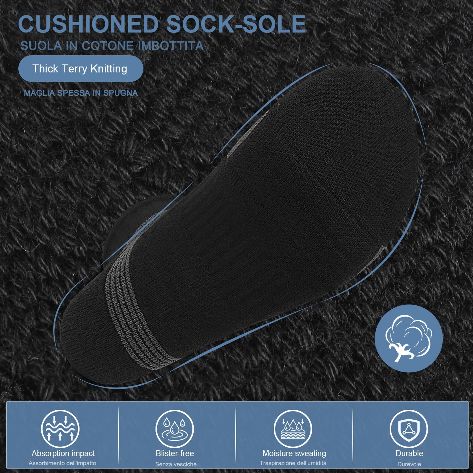 PERMANENTLY001, 6-paia imbottiti Calzini sportivi uomo e donna, calzini da traino da tennis anti-vesciche traspiranti in cotone, Calzini sportivi prestazionali Corsa, basket, trekking 38-42 42-49