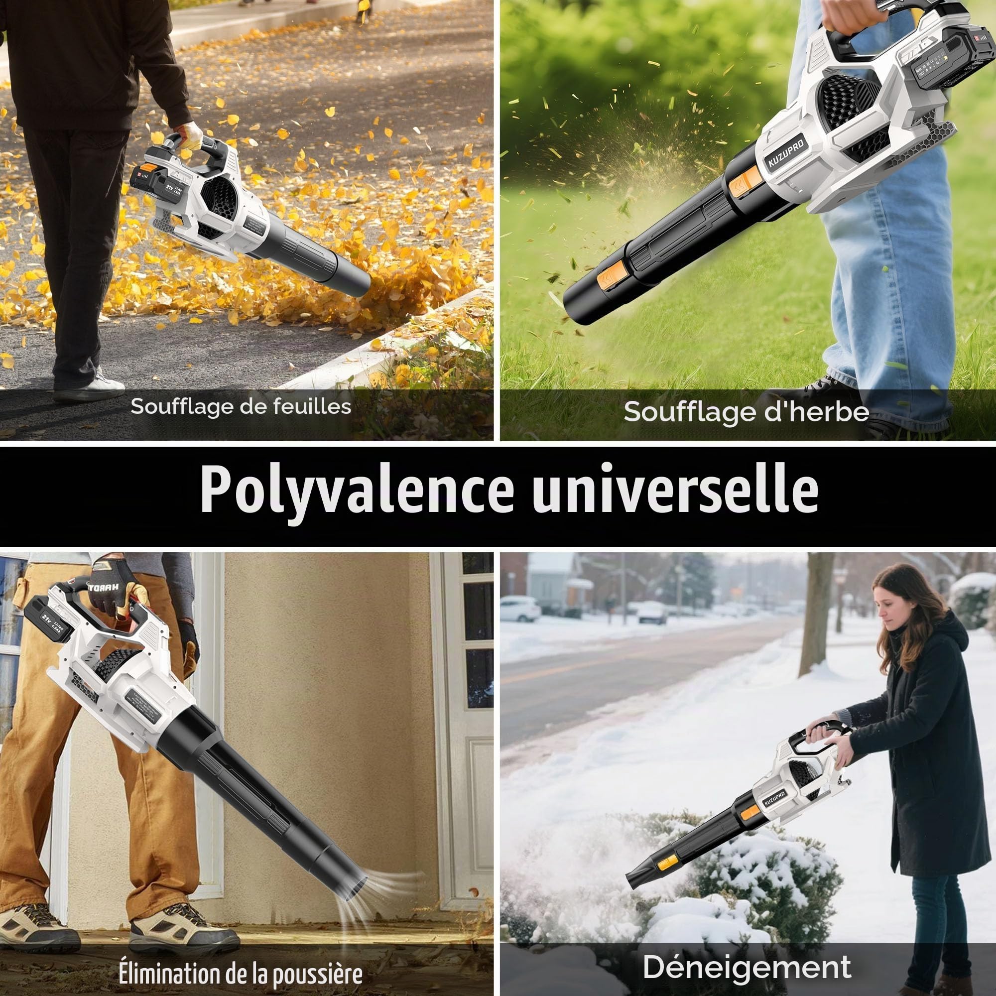 Souffleur de Feuilles sans Fil 21V, 2 Batteries 4,0Ah Incluses, 3 Vitesses Réglables, 2 Tubes de Soufflage Amovibles, Bandoulière – pour Jardin, Terrasse et Nettoyage Extérieur