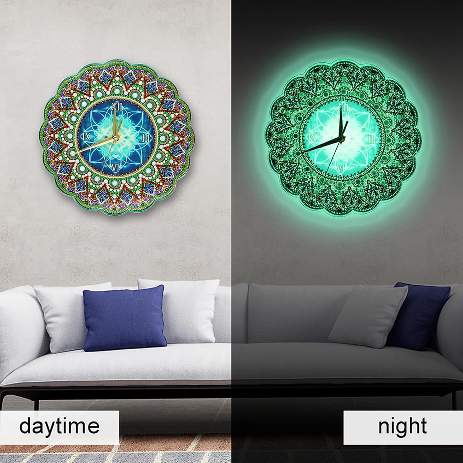 jinglinhh Diamond Art Painting Luminous Clock Kit for Adults, DIY Green Mandala Special Shaped Partial Drill Art Craft Wall Ornaments Home Decor Gifts