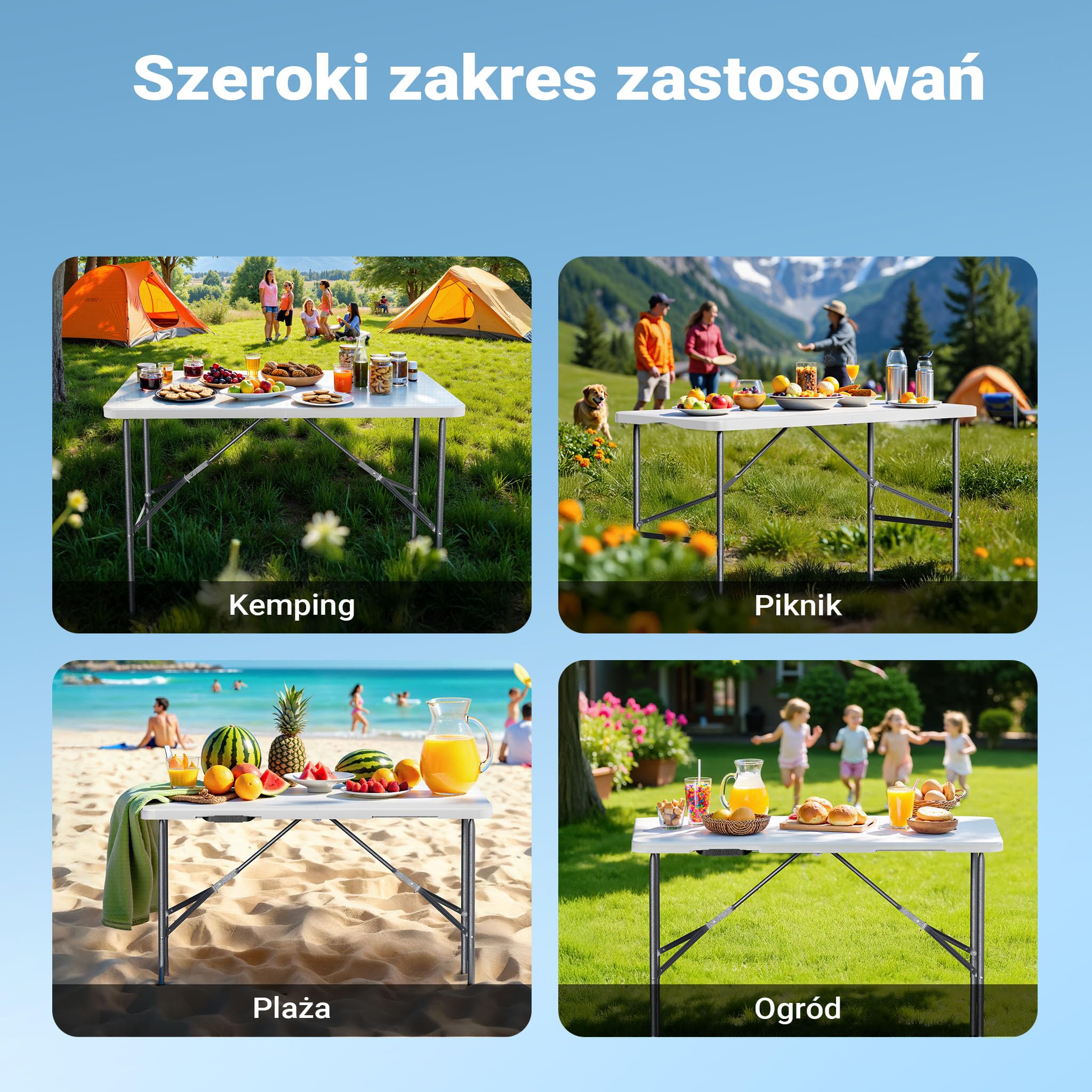 Wiltec Składany stół cateringowy, bankietowy, turystyczny 122x60x75 cm, stolik ogrodowy z uchwytem, stół kempingowy składany do ogrodu i na biwak
