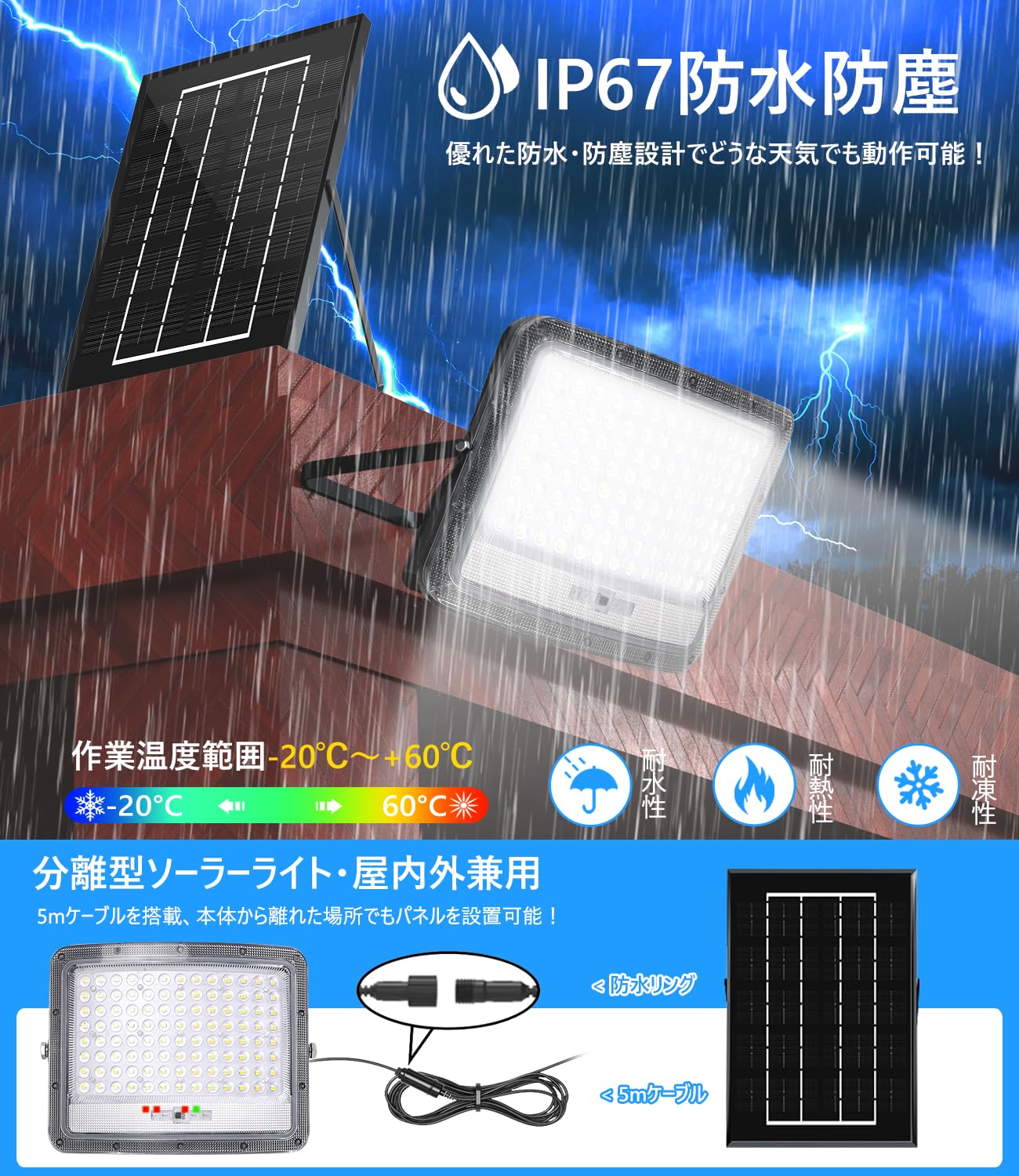 Amazon.co.jp: Qifeiyax 分離型 ソーラーライト 屋外 IP67防水