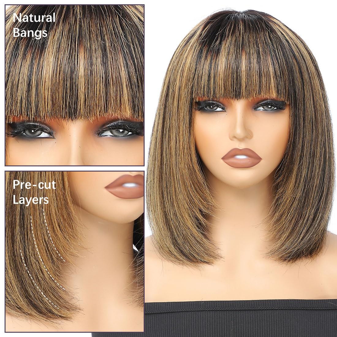 CLIONE Short Bob Wig with Bangs Human Hair 12 Inch Honey Blonde Highlight Wig 2.5x1 HD Lace Layered Cut Bob Wig 180% Density Ready to Go Glueless Wig Human Hair Short Bob Wigs for Black Women - Image 2