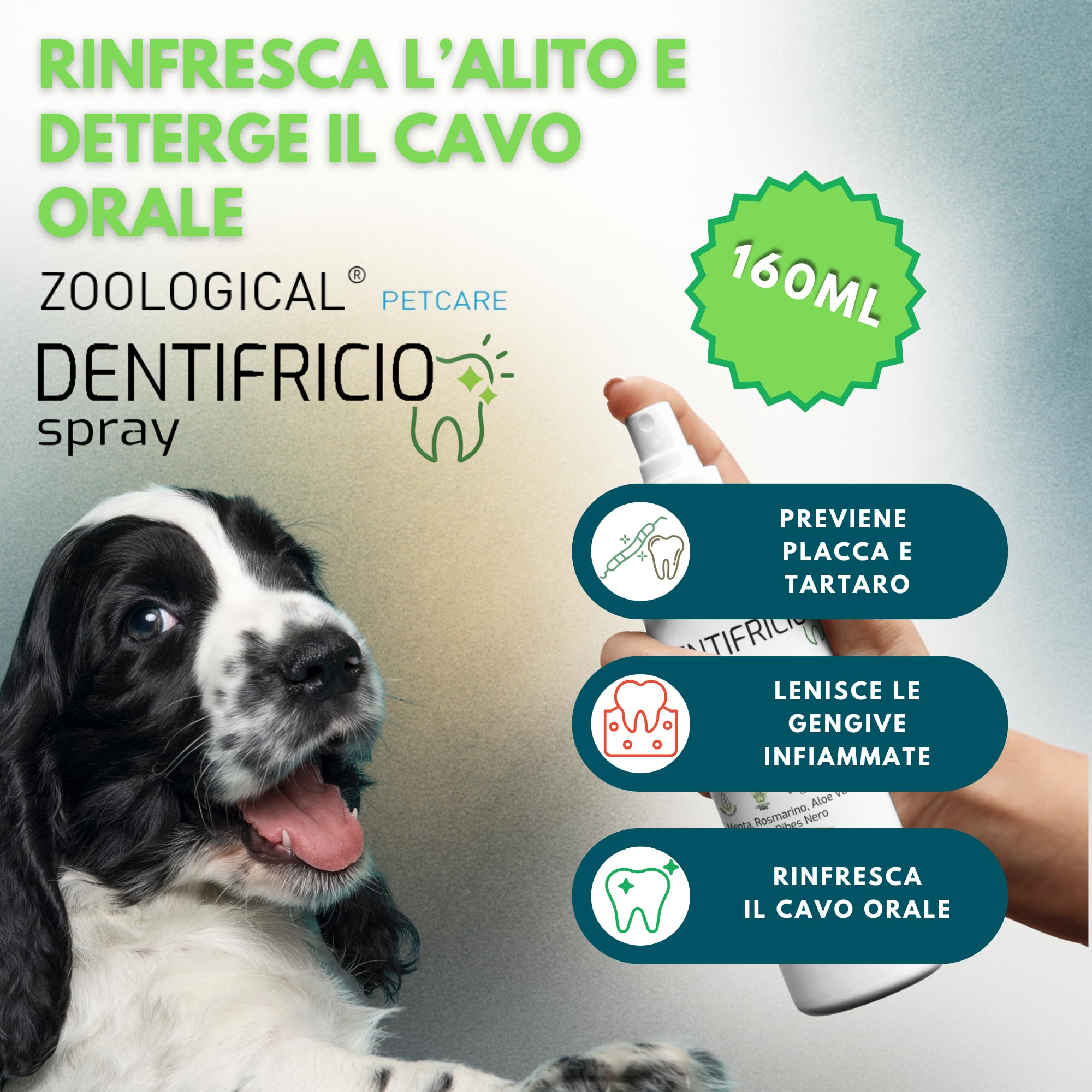 Dentifricio Spray per Cani e Gatti 160ml - Pulizia Denti Gengive Tartaro - Rinfresca Alito Menta Rosmarino