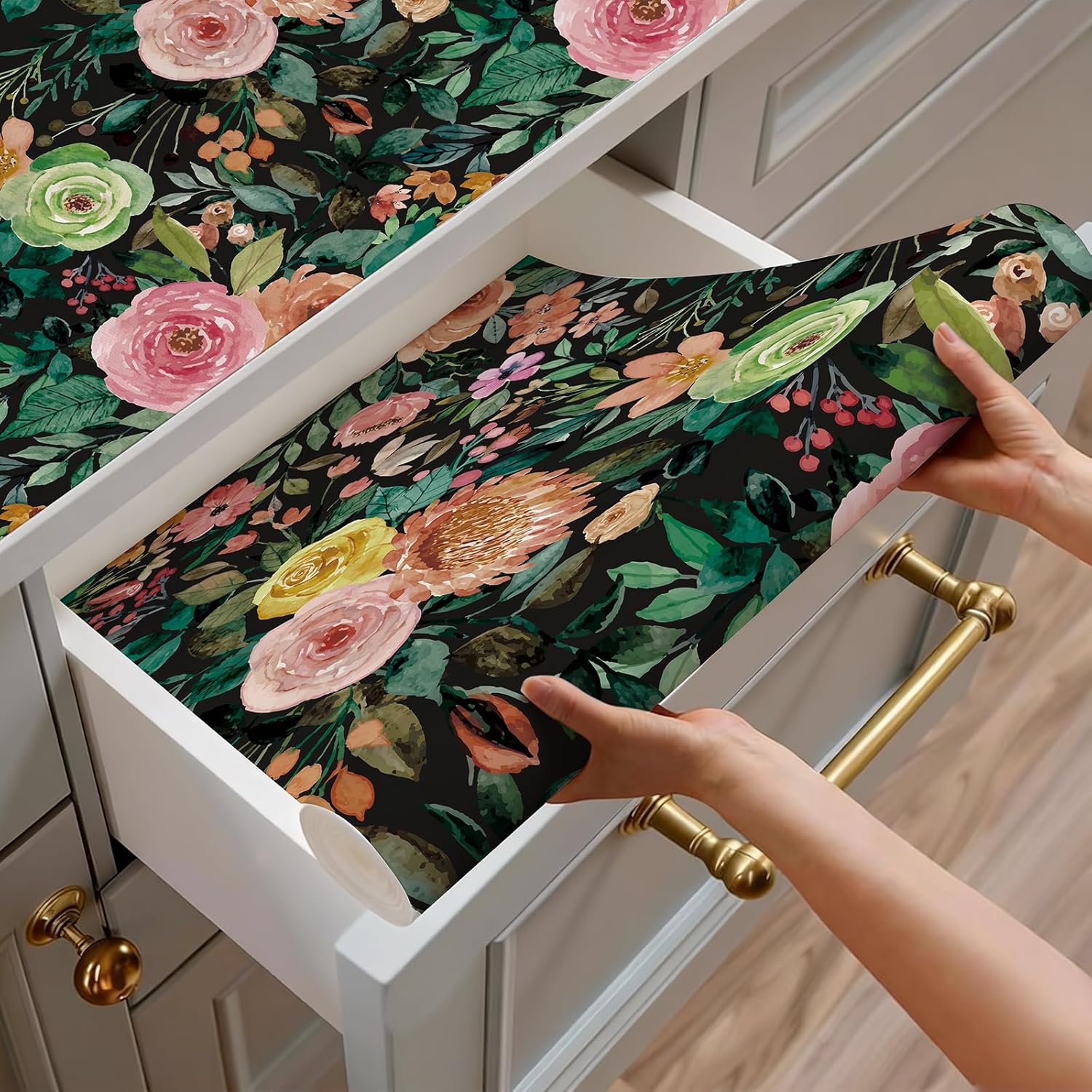 JiffDiff Dark Floral Peel and Stick Wallpaper 236.22" L x 17.7" W Black Watercolor Flower Wallpaper Wall Decor Wallcovering Wall Mural Cabinet