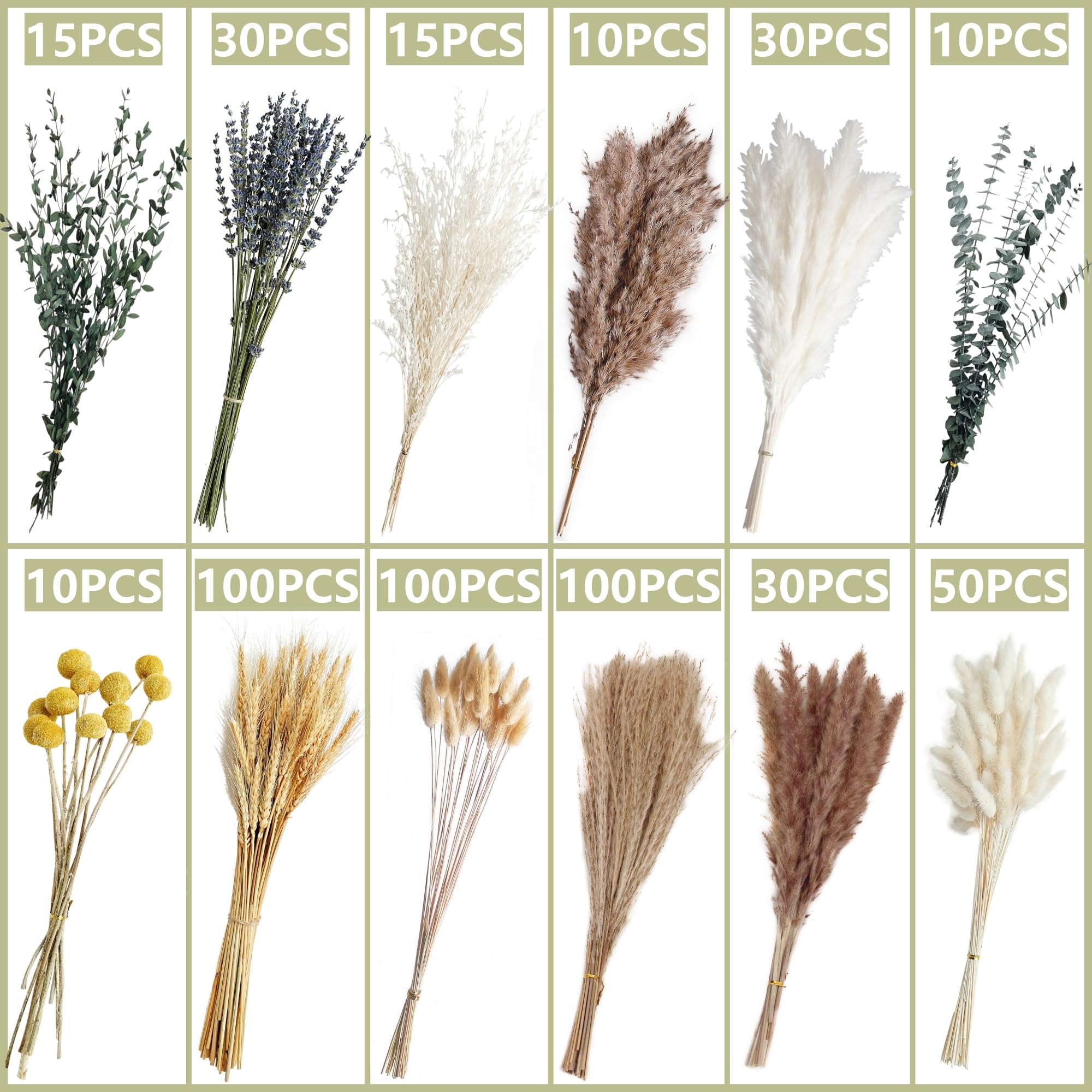 500 Stück getrockneter Pampasgrasstrauß – Boho-Trockenblumen für Vase, weiße und braune Pampas, Hasenschwänze, Weizen und Lavendel – natürliche Blumendekoration für Boho-Zuhause, Hochzeit, Babyparty