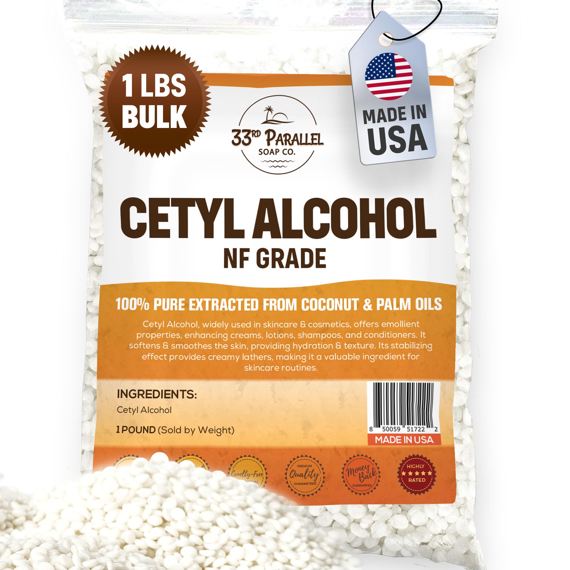 - Cetyl Alcohol NF Grade (1 lbs / 16 oz) 100% Pure Extracted from Coconut & Palm Oils. Premium Granules Cetyl Alcohol for Lotion Making, Creams, Scrubs, Shampoos, Conditioners, Moisturizers | 1 Pound