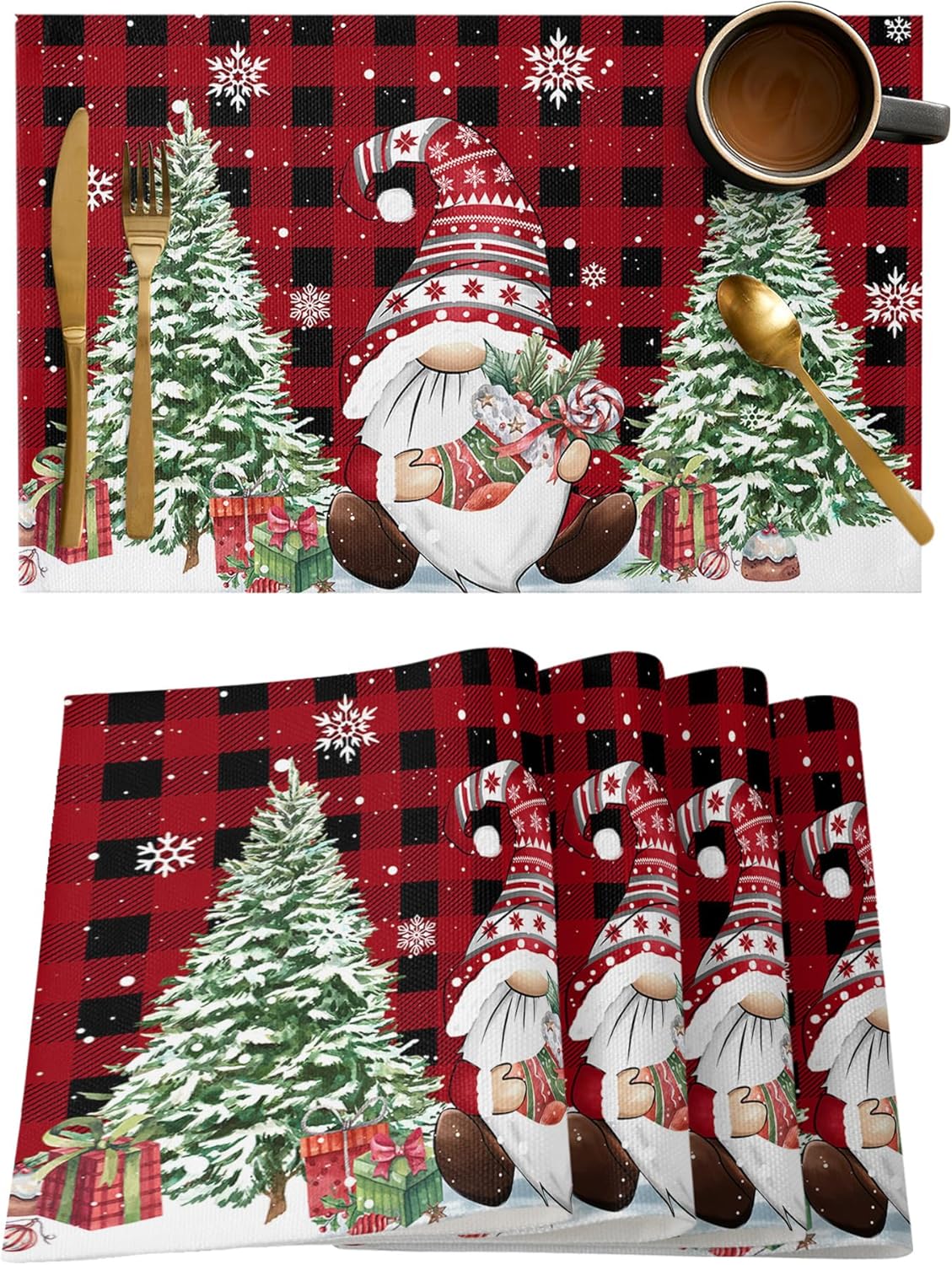 Christmas Placemats Set of 6, Gnome Buffalo Plaid Placemat for Dining Table