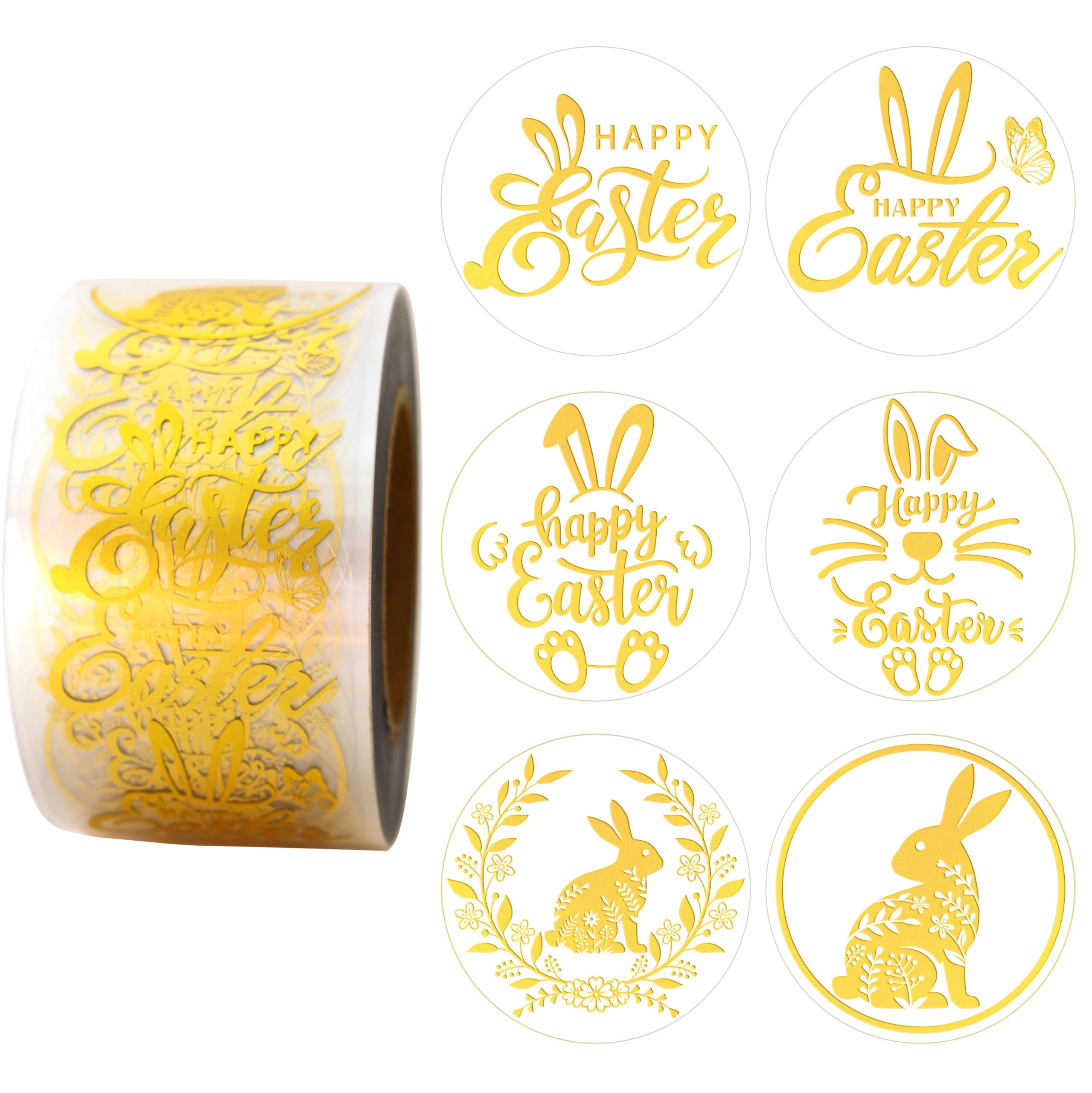 Masper 1.5 Inches/600 Easter Stickers, 6 Clear Gold Foil Designs Happy Easter Stickers, Decorative Easter Bunny Stickers Easter Egg Stickers for Kids Easter Baskets Eggs Cards Art Projects Party