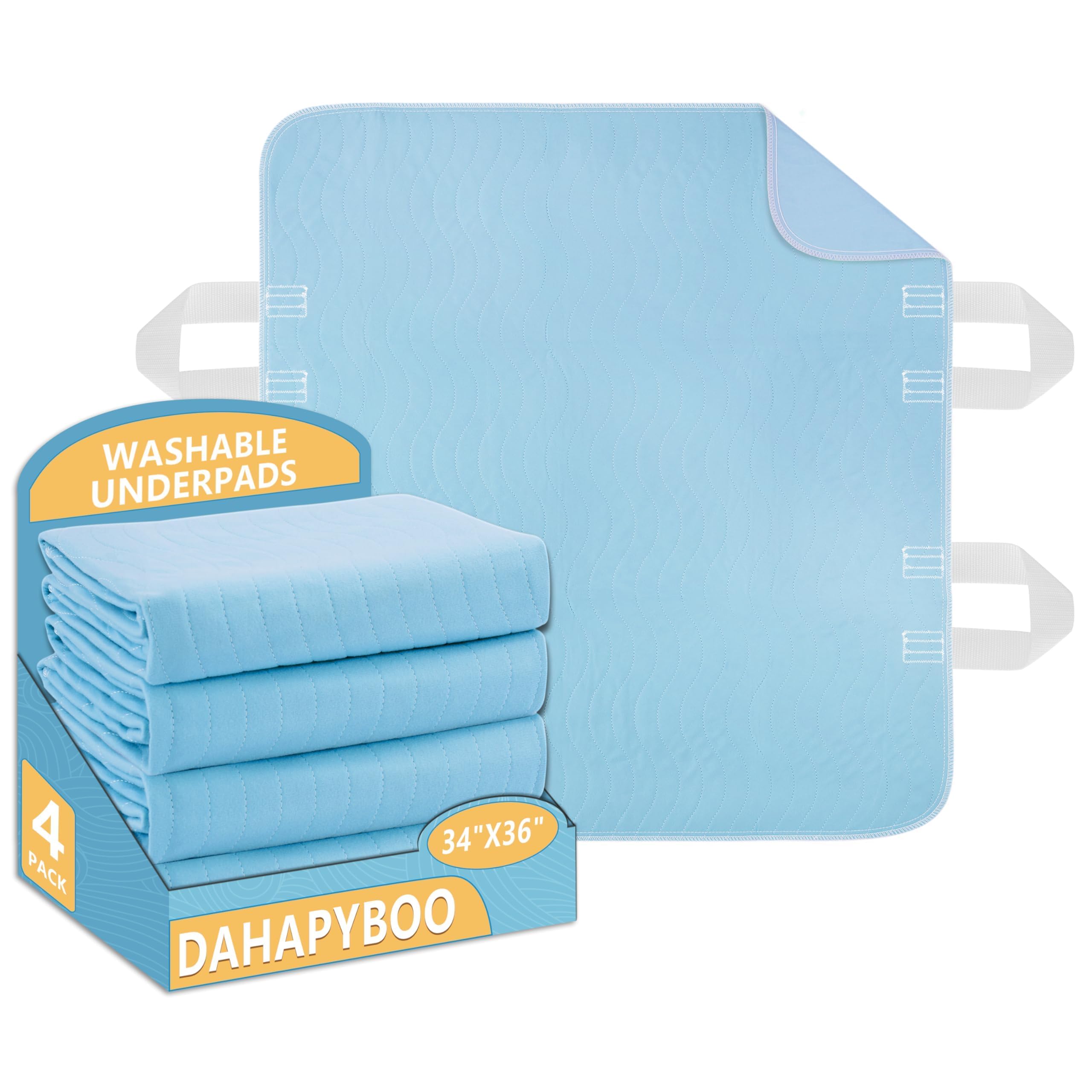 DAHAPYBOO Almohadillas lavables con 4 asas, 34 x 36 pulgadas, paquete de 4 almohadillas de cama para incontinencia, gran absorción, reutilizables para ancianos, niños, adultos y mascotas, impermeables
