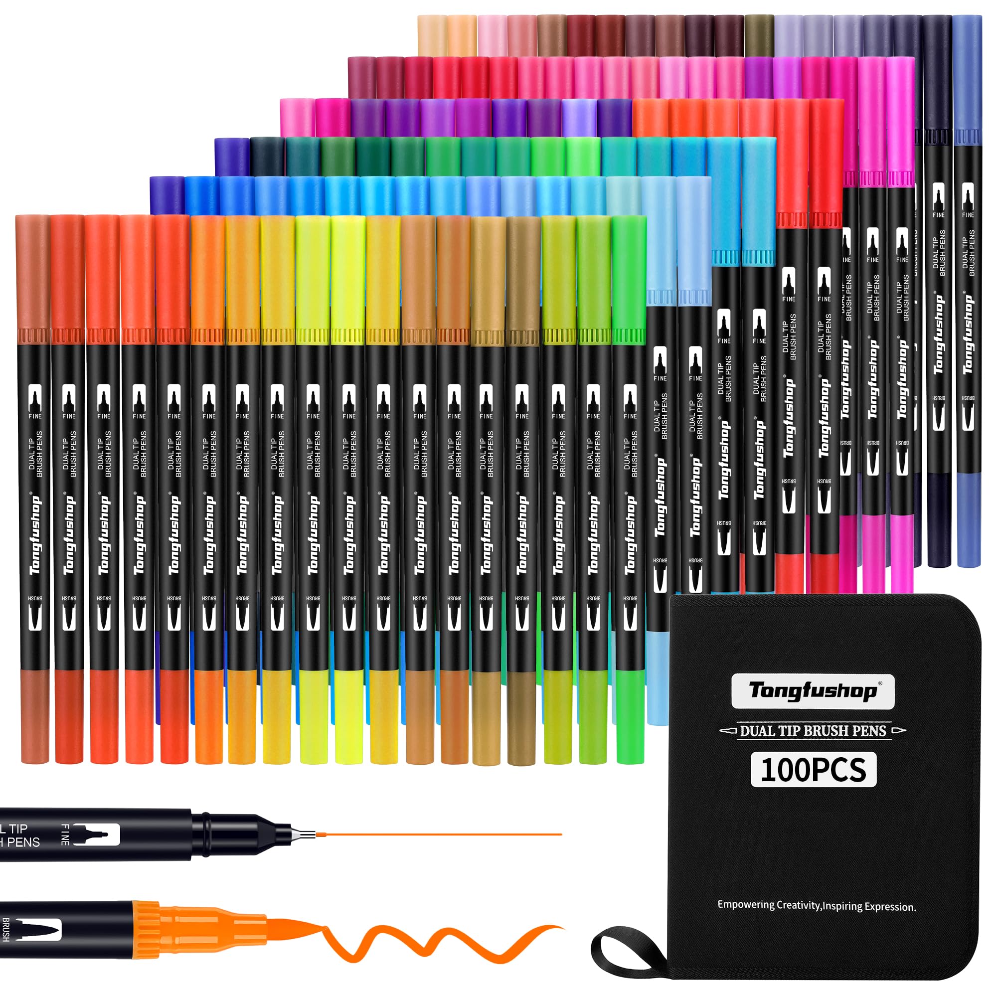 Tongfushop Rotuladores Lettering, 100 Colores Rotuladores Punta Pincel, Rotuladores Doble Punta Fina, Rotuladores Acuarelables Profesionales para y Adultos Dibujo, Caligrafía, Bullet Journa