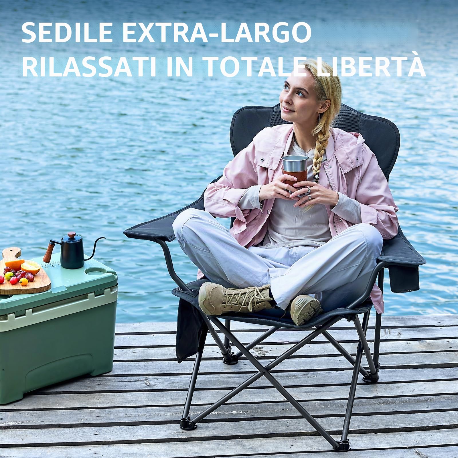 TIMBER RIDGE Sedia da campeggio pieghevole 180 kg schienale regolabile 3 posizioni sedia imbottita da pesca larghezza seduta extra 62 cm con tasca laterale e portabicchieri