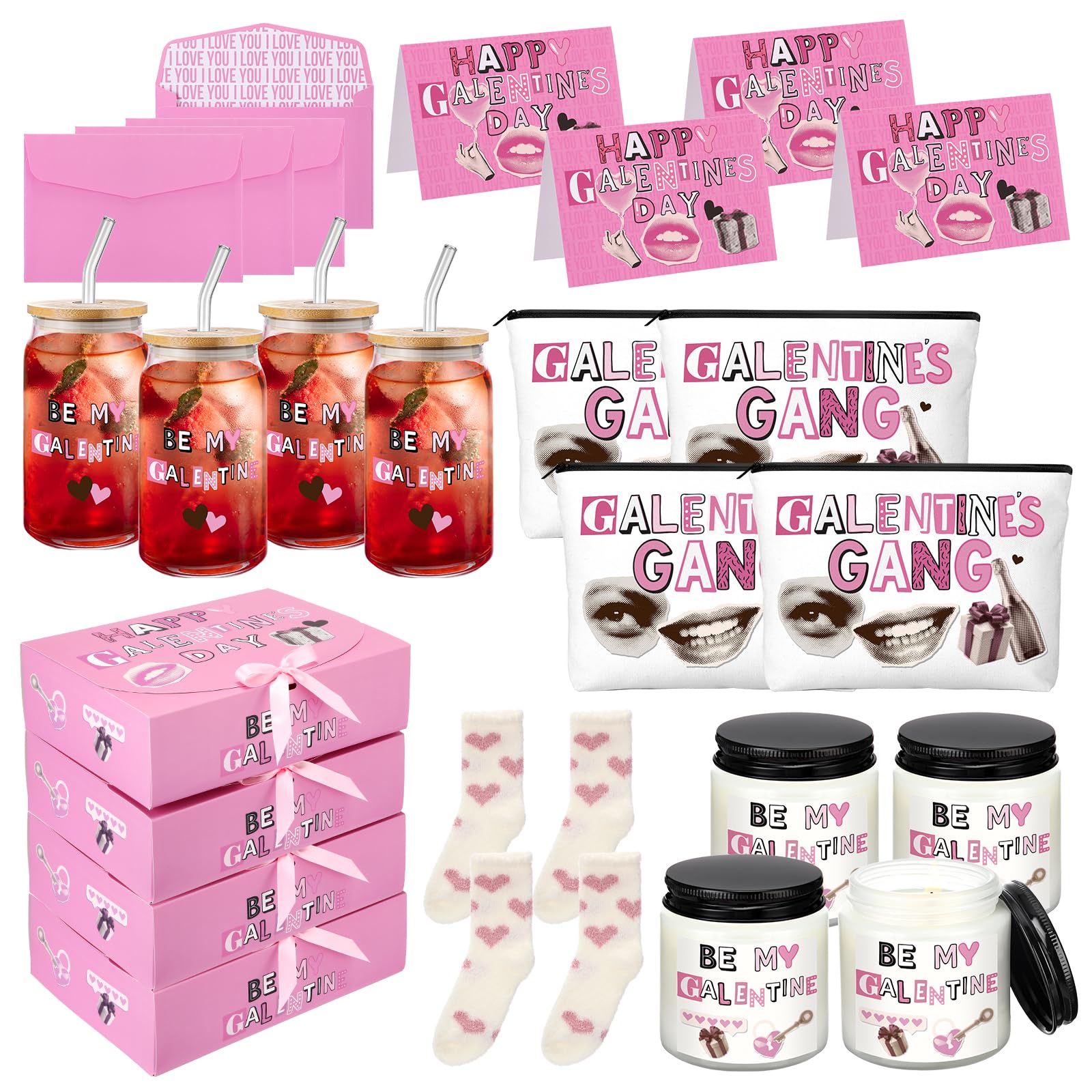 32 Pcs/4 Set Galentine's Day Gift Set Include 17 oz Galentine Glass Cup Makeup Bag Rose Scented Candle Socks Greeting Card Envelope with Box Valentine Friendship Gifts for Women Female Sister