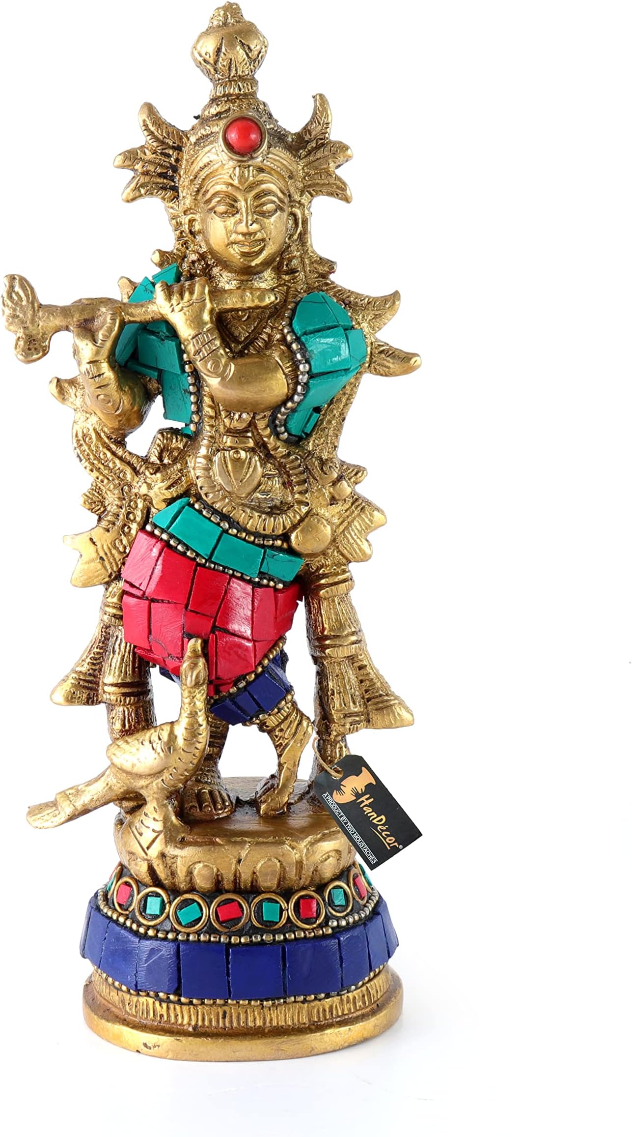 Two Moustaches Gemstone Work Flute Playing Krishna with Peacock 7 Inches Brass Statue