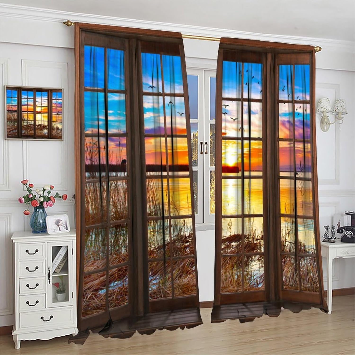Lake View Curtains,Autumn Scenery Mountain Waterfalls Landscape Countryside Rustic Farmhouse Sunset Birds Rod Pocket Soundproof Window Curtains for Bedroom Living Room 2 Panel 42x45 Inch