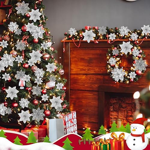 Miniatura 6 de Zeyune 36 flores de Pascua artificiales con purpurina de Navidad con clips, tallos de varios tamaños, adornos para árbol de Navidad, vacaciones,