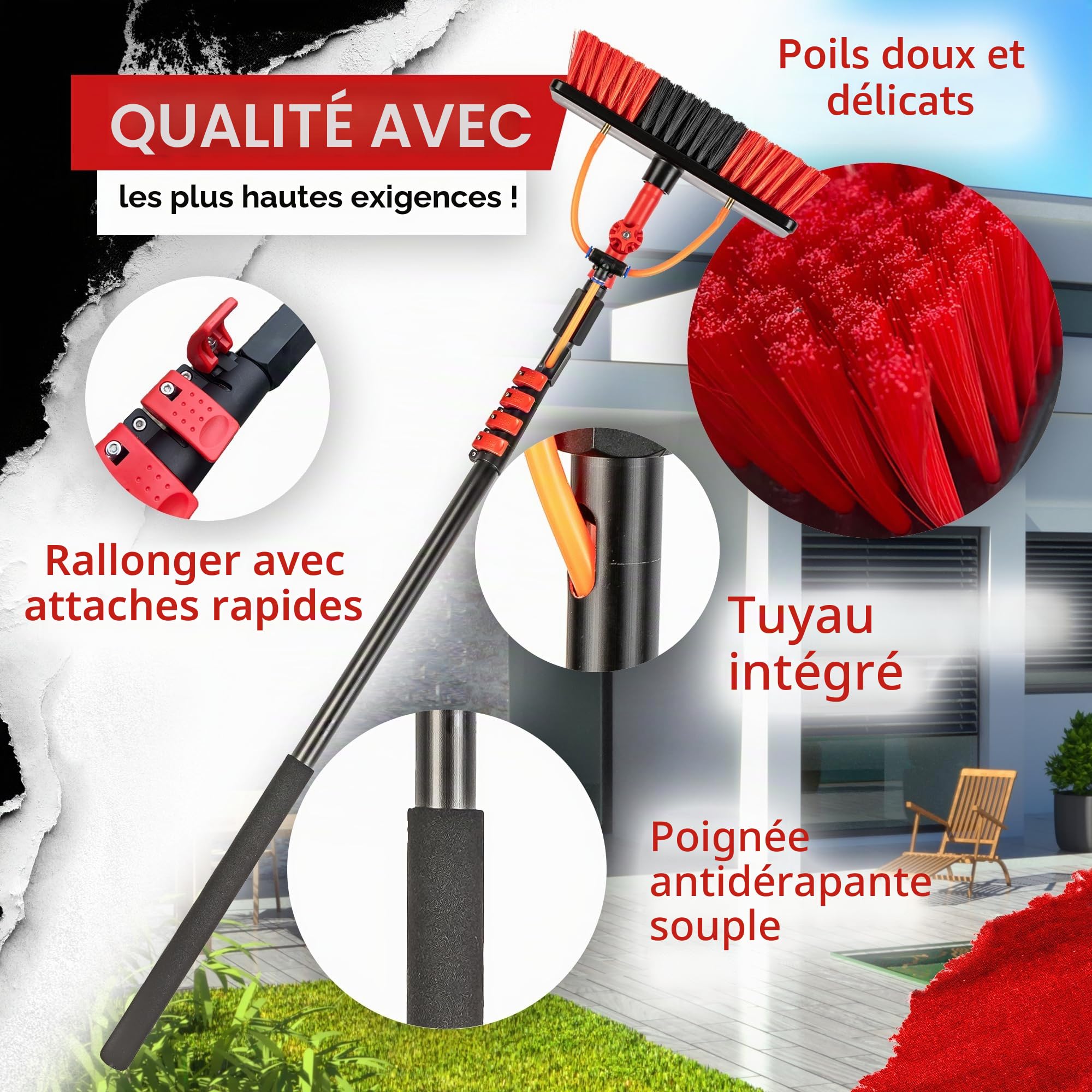 BoomDing Perche Télescopique Nettoyage Panneaux solaires, Extensible à 4,60 metres, Brosse telescopique toiture avec Tuyau Intérieur Balai telescopique pour Toit
