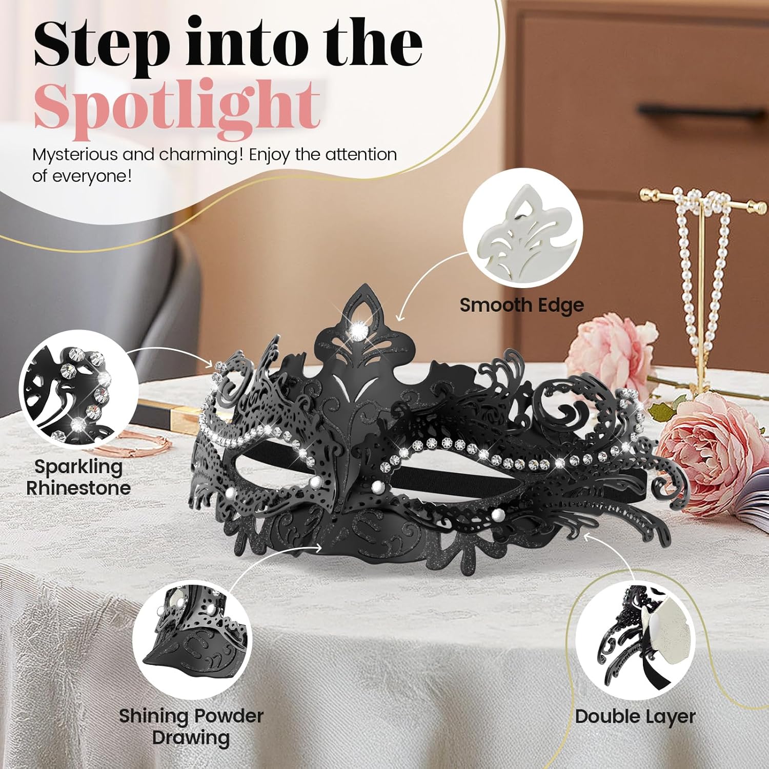 Women’s Masquerade Mask & Long Satin Opera Gloves Set – Elegant Rhinestone Costume Accessories for Adults – Elbow-Length Gloves for Masquerade Balls Mardi Gras Christmas & New Year Partie - Image 2