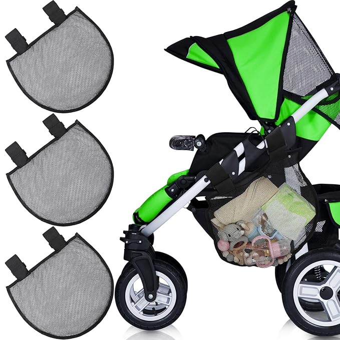 3 Pack Side Sling Stroller Cargo Net Universal Baby Stroller Organizers Large Mesh Stroller Storage Stroller Accessories with Non Slip Adjustable Hook and Loop Straps for Bottle Milk Powder Diaper