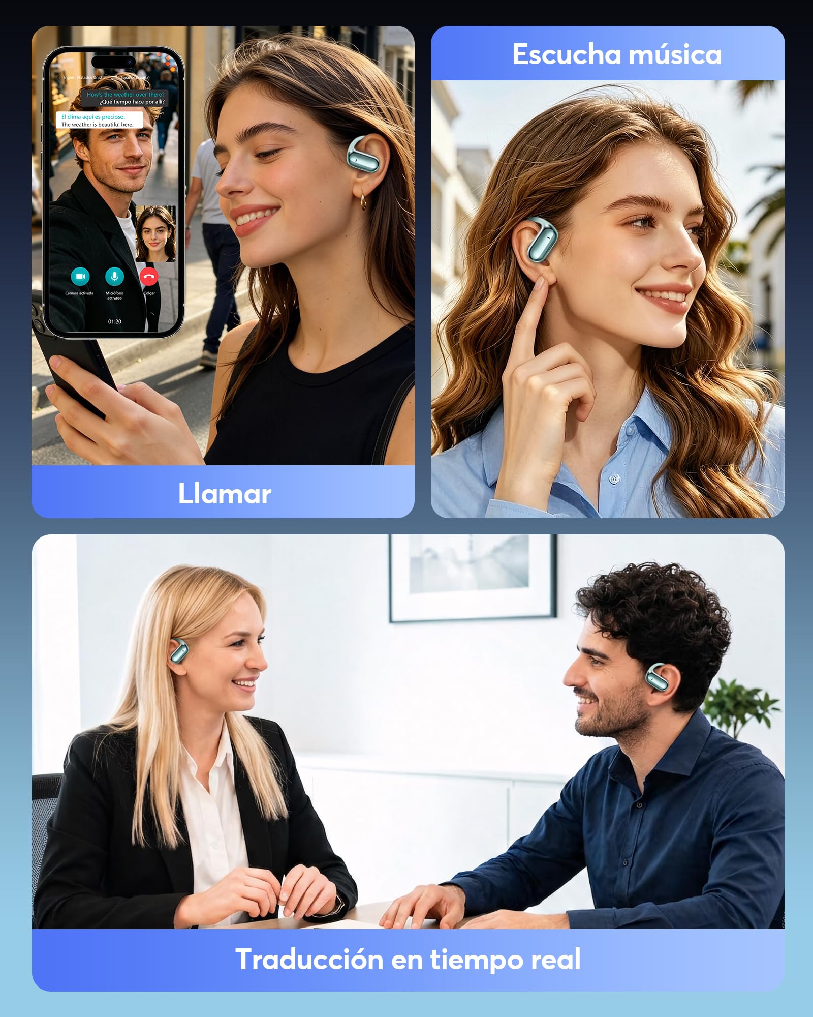 Auriculares Traductor en Tiempo Real 8 Modos Traducción con 198 Idiomas | 3 en 1 Auriculares Traductores de Idiomas, 60H Cascos Oreja Abierta Bluetooth 6.1 para Viajes, Reuniones Azul