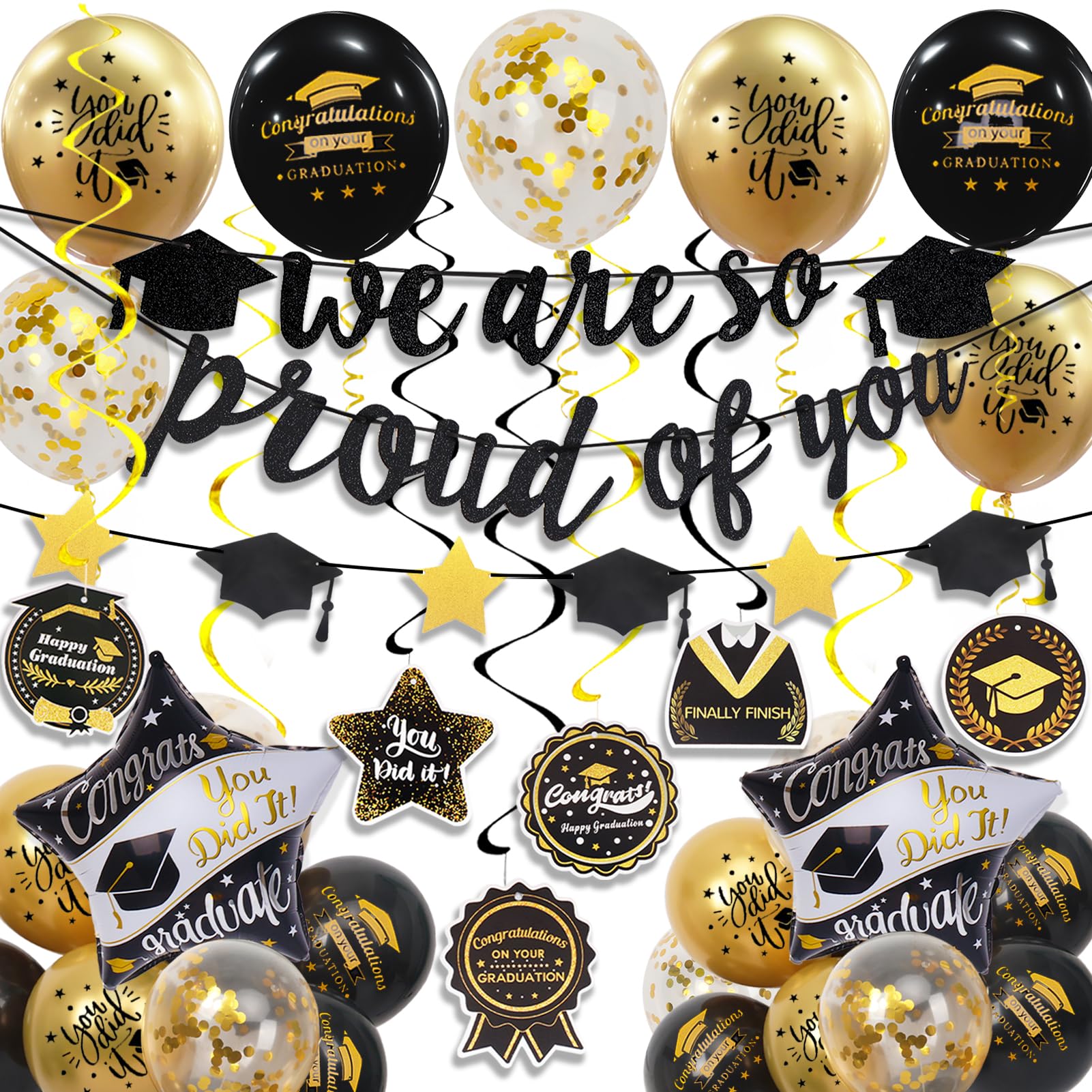 Graduation Decorations Class of 2026, Black and Gold Graduation Balloons with Hanging Swirl, We are So Proud of You Banner, Congrats Grad Garland