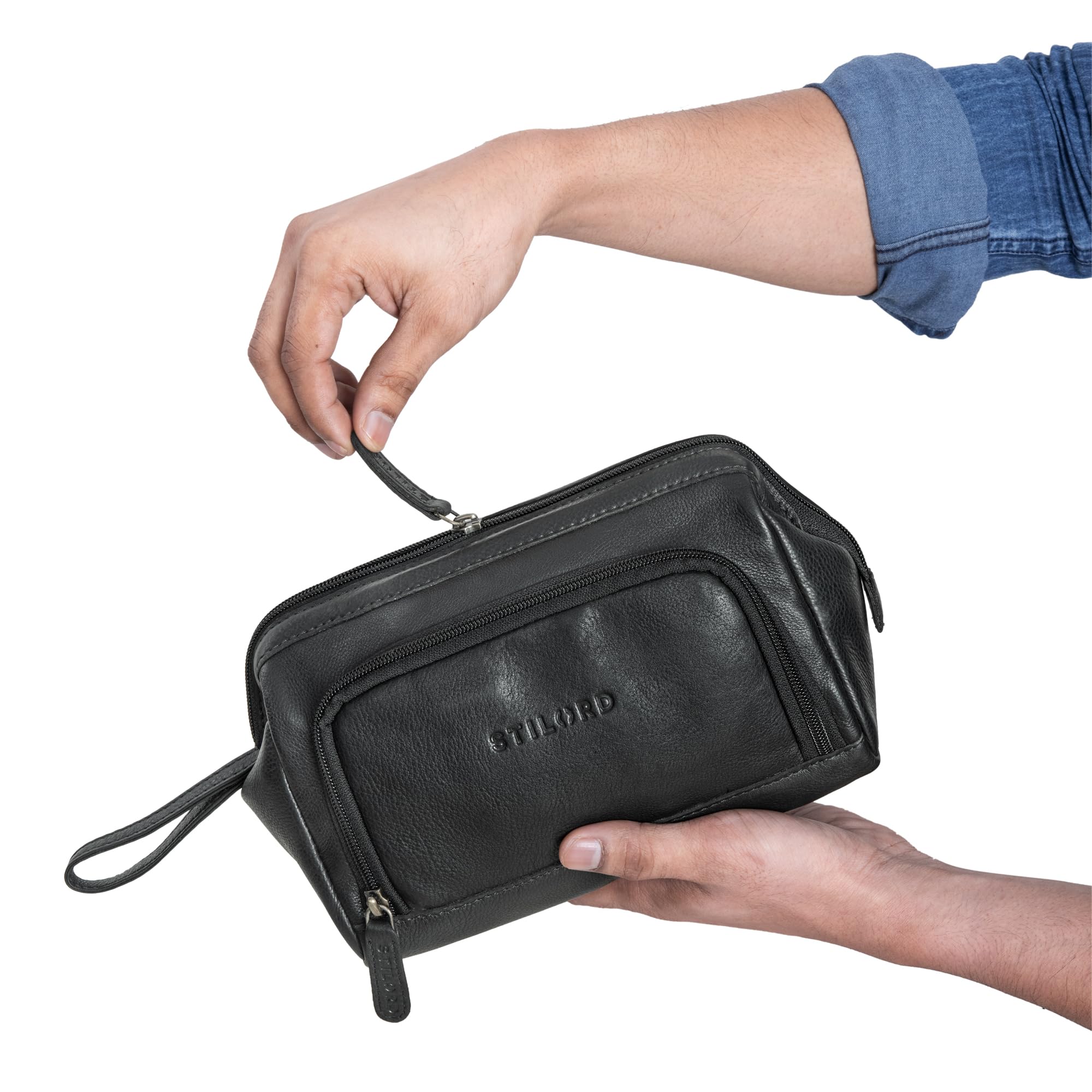 STILORD Henry Kosmetiktasche und Kulturbeutel aus Leder für Damen und Herren, große Waschtasche mit Fächern und Trageschlaufe Farbe:schwarz