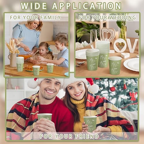 Miniatura 6 de Fulmoon 100 vasos de papel verde salvia de 9 onzas, vasos de papel desechables Mr and Mrs para boda, despedida de soltera, tazas de café, bebidas de