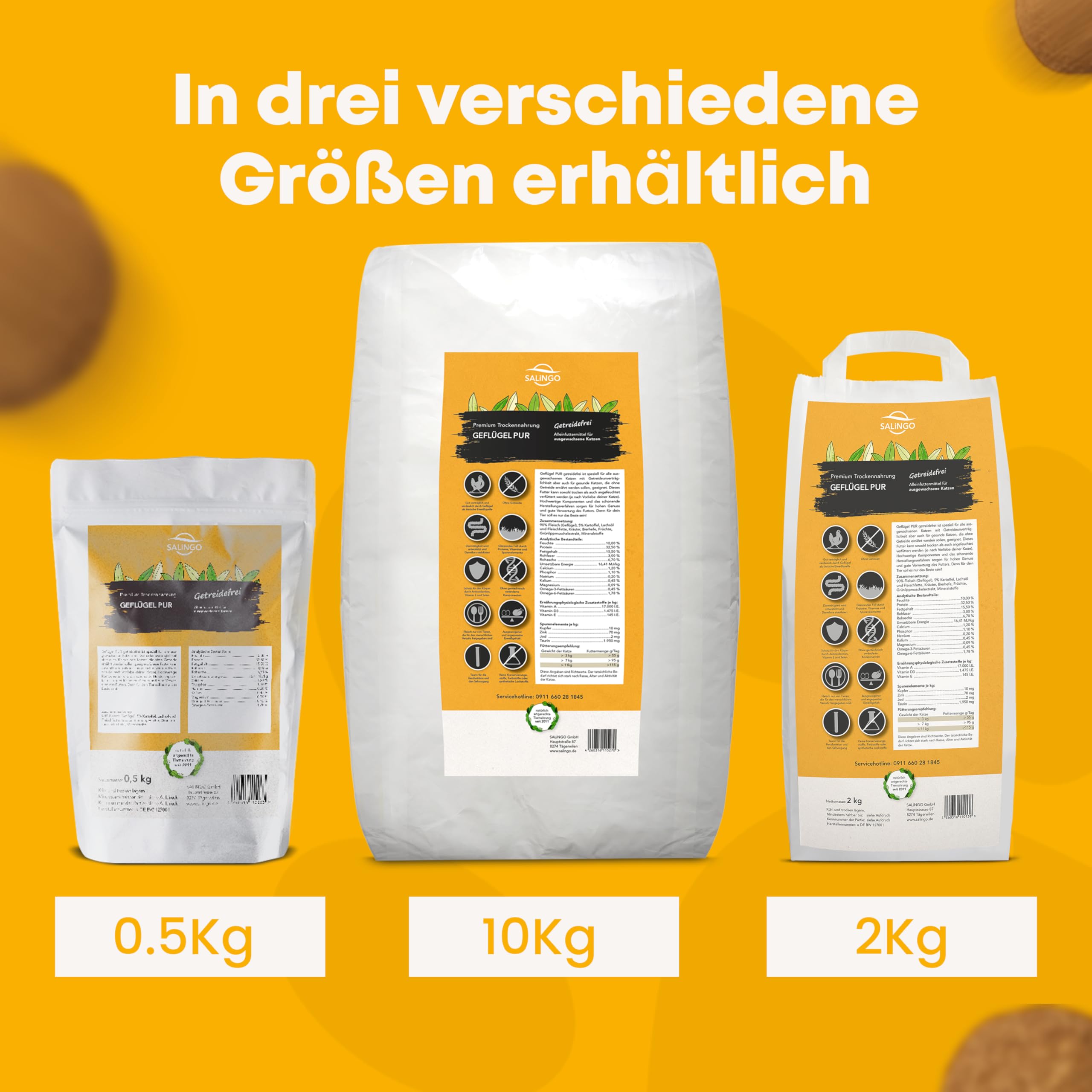 SALiNGO Premium Katzenfutter trocken 10kg Geflügel Pur 90% Fleischanteil, 10% Gemüse - Getreidefrei, Zuckerfrei & Ohne künstliche Zusätze - Katzen trockenfutter 10kg, Katzenfutter trocken