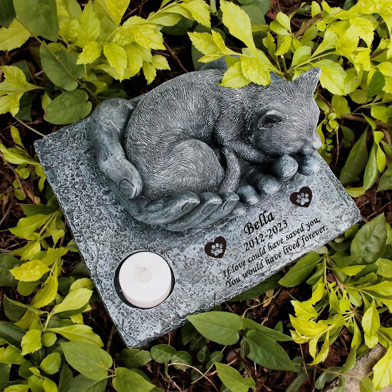 JHB Personalisierte Katzen Gedenksteine, lasergravierte 3D-Statue schlafende Katze, Wasserdicht Katze Grabstein, Katzen Gartensteine, Katze Grab Markierungen,Haustier-Grabstein Kitty, Katzen-Andenken