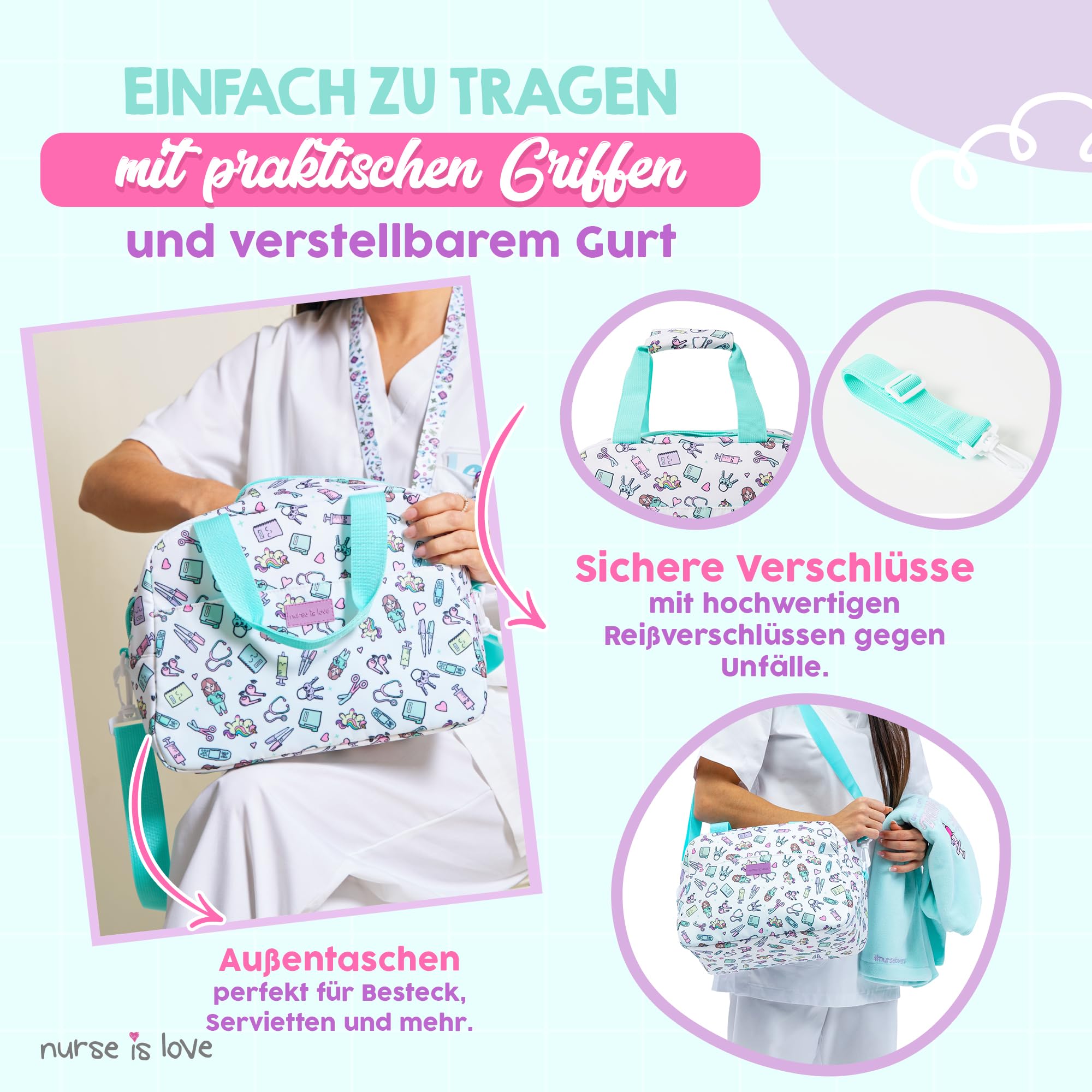 Nurse is Love Kühltasche Klein Für Krankenschwester, Lunchtasche, Lunch Bag, Thermotasche, Frühstückstasche Mit Fächern + Gurt Passt Mit Brotdosen | Krankenschwester & Arzt Zubehör.