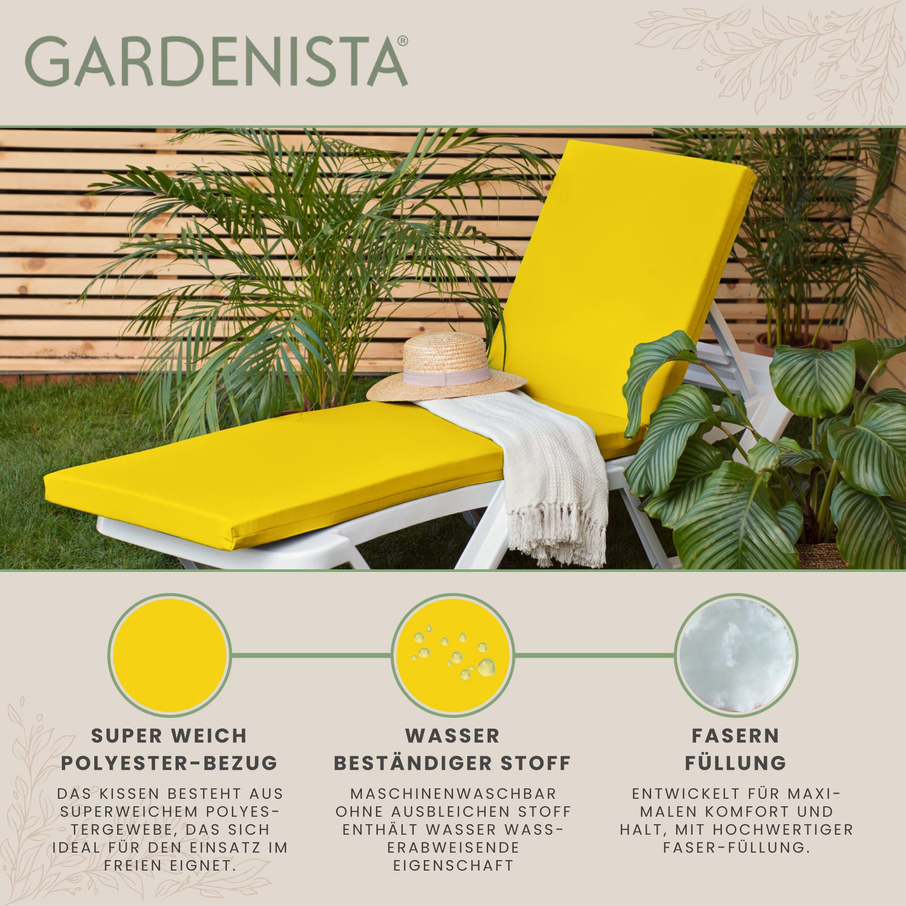 Gardenista Outdoor Auflage Gartenliege | Polsterauflagen für Gartenmöbel | Wasserbeständig Liegepolster | Bequeme Sonnenliege Liegestuhl Kissen