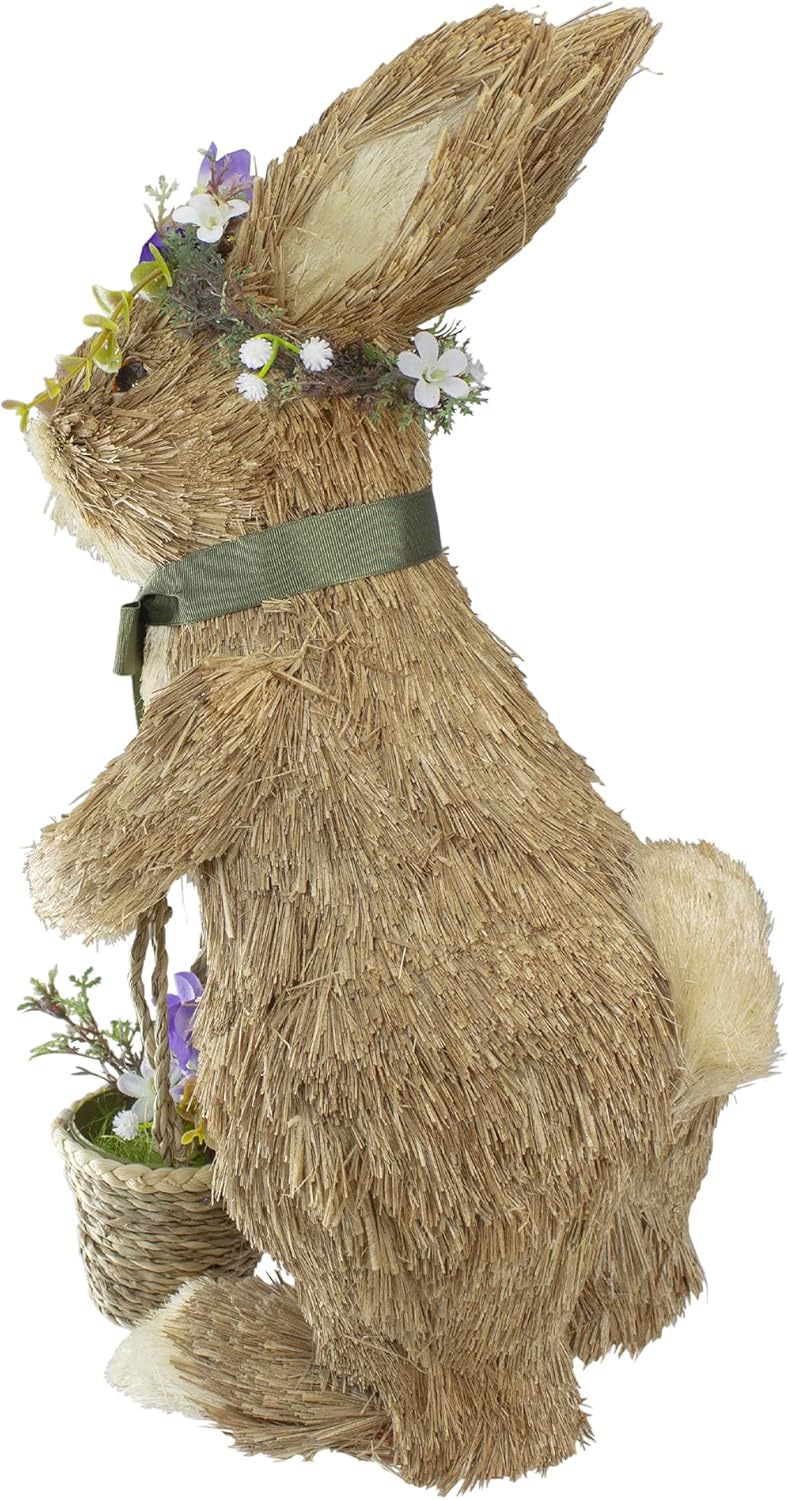 Northlight Standing Sisal Easter Bunny Rabbit with Flower Crown and Basket Decoration - 15"