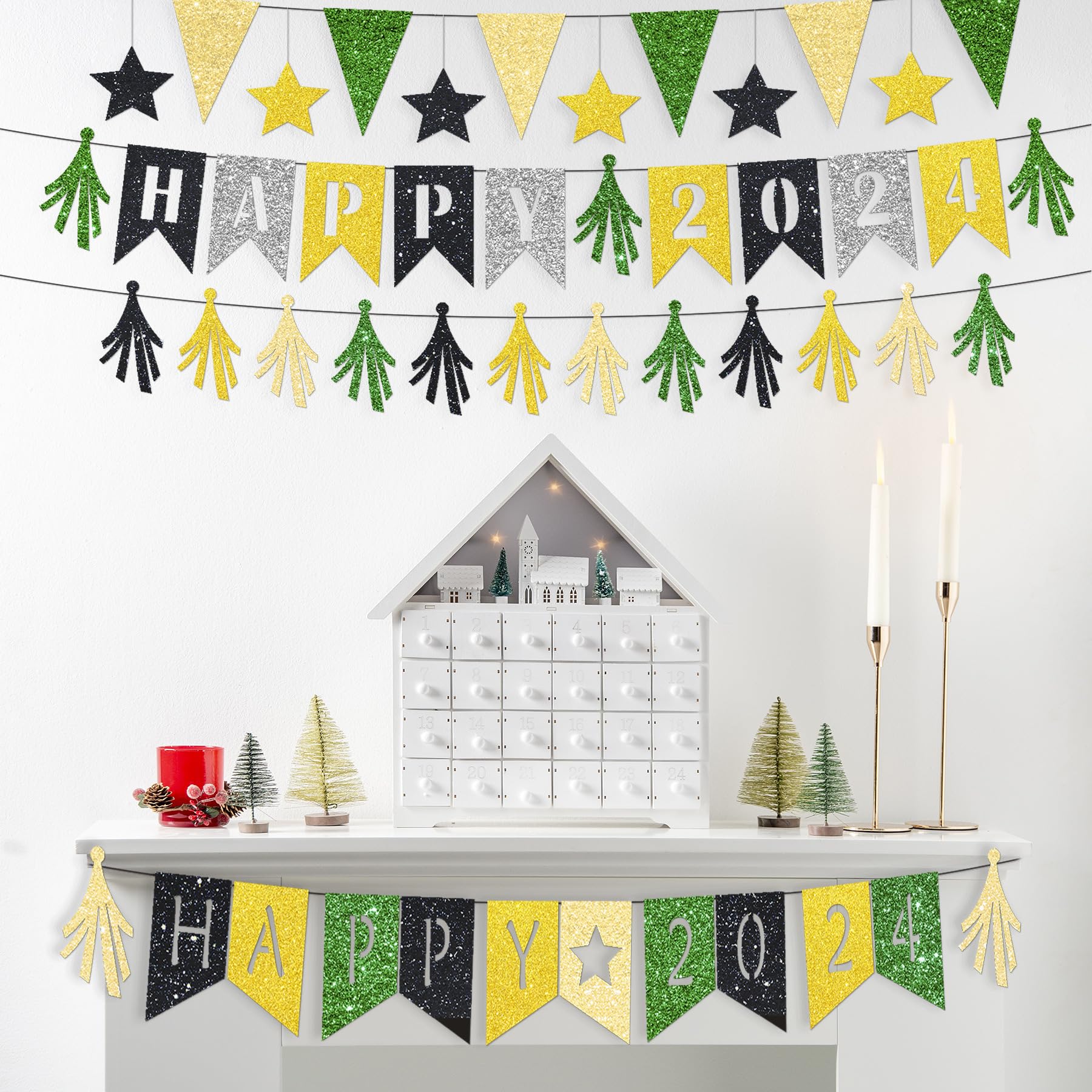 Silvester Party Deko Happy New Year Girlande Banner Gold Schwarz Buchstaben Stern Feuerwerk Glitzer Hängedeko Frohes neues Jahr Wimpelkette 2025 Neujahrsparty Dekor Zubehör für Wand Decken Türen