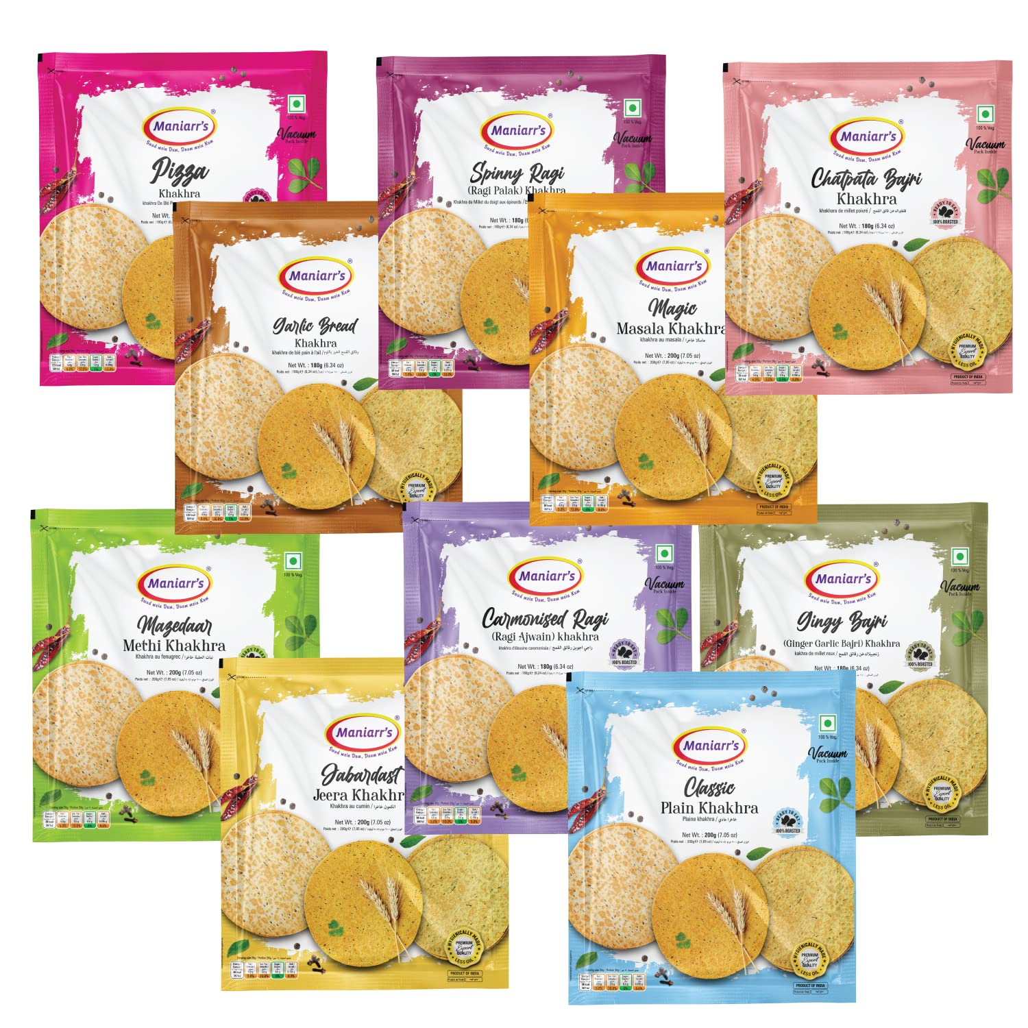 multi flavour slim bites wheat chips khakhra 10 Flavors, 1.8 kg healthy and crispy, 100% natural ingredient, low carb snack - combo of 10