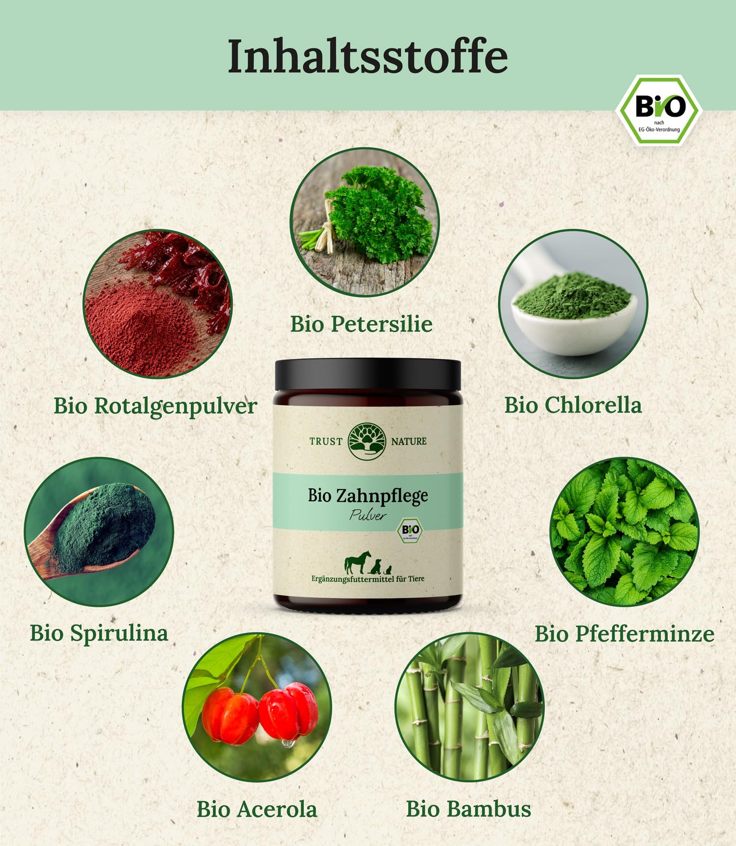 Bio Zahnpflege Pulver für Hunde & Katzen | gegen Plaquebildung | fördert frischen Atem | Bio Petersilie, Bio Minze, Bio Spirulina, Bio Chlorella, Bio Bambus, Bio VIT C