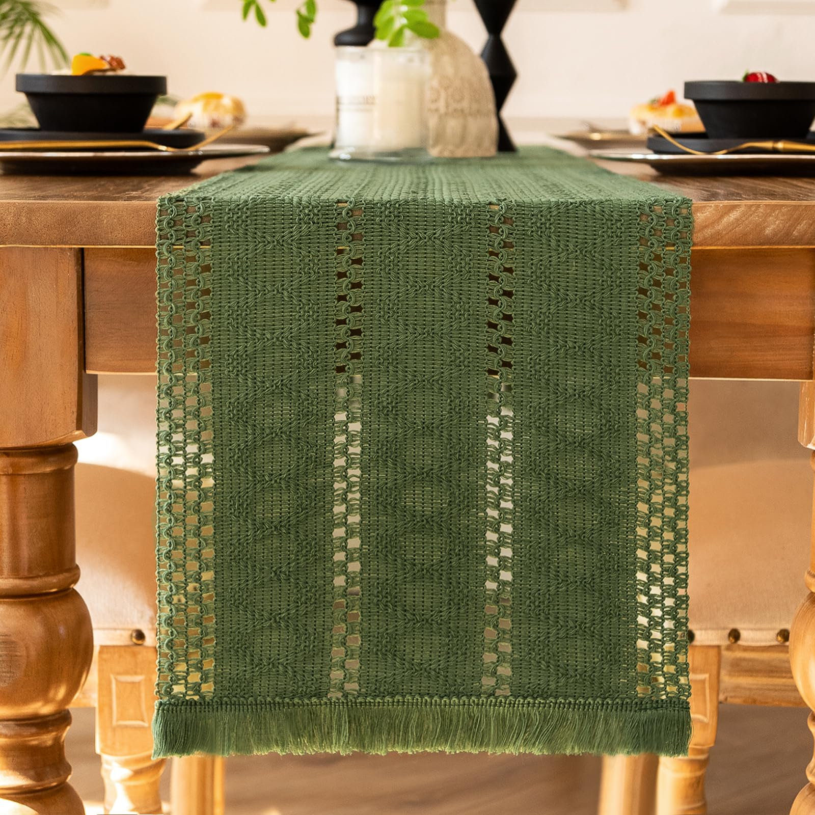 Tischläufer Grün Boho Modern Deko Sommer Tischläufer Leinen Makramee Baumwolle Tischdecke mit Quasten Rustikale Tischdekoration 30x140cm für Hochzeit Küche Abwaschbar Party Deko