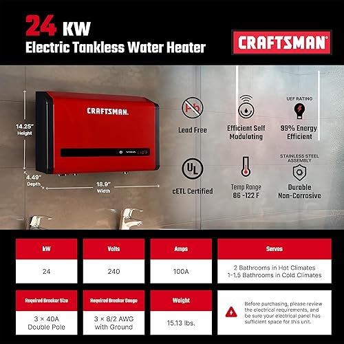 Miniatura 2 de CRAFTSMAN Calentador de agua eléctrico sin tanque de 24 kW, 240 voltios, 3.74 GPM, tecnología auto-modulante multiaplicación para toda la casa, agua