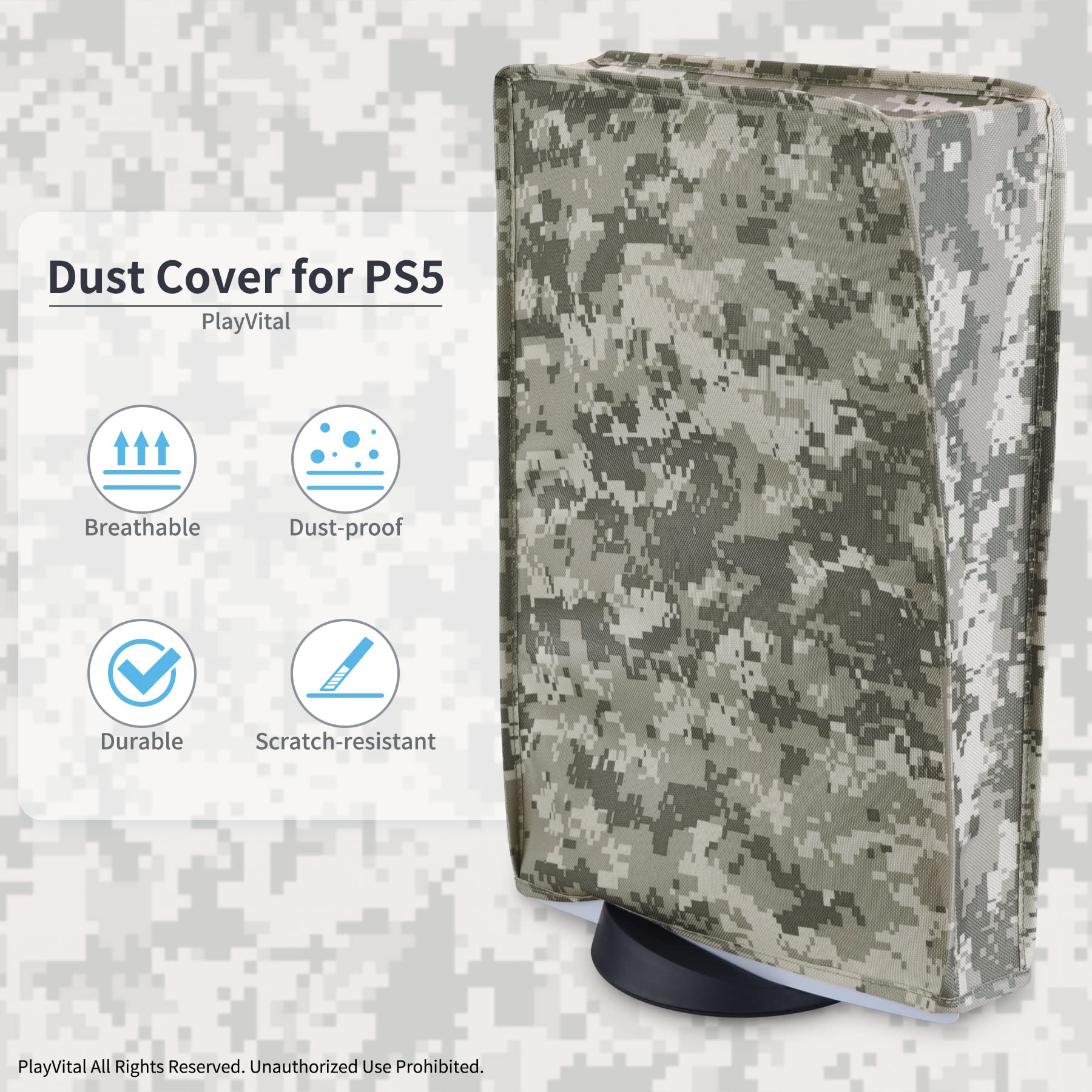 PlayVital Cover per ps5 Console, Copertura Antipolvere Impermeabile Verticale in Nylon per ps5 Standard Console Disc&Digital Edition (Non per Slim/Pro),Mimetica Digitale - 3
