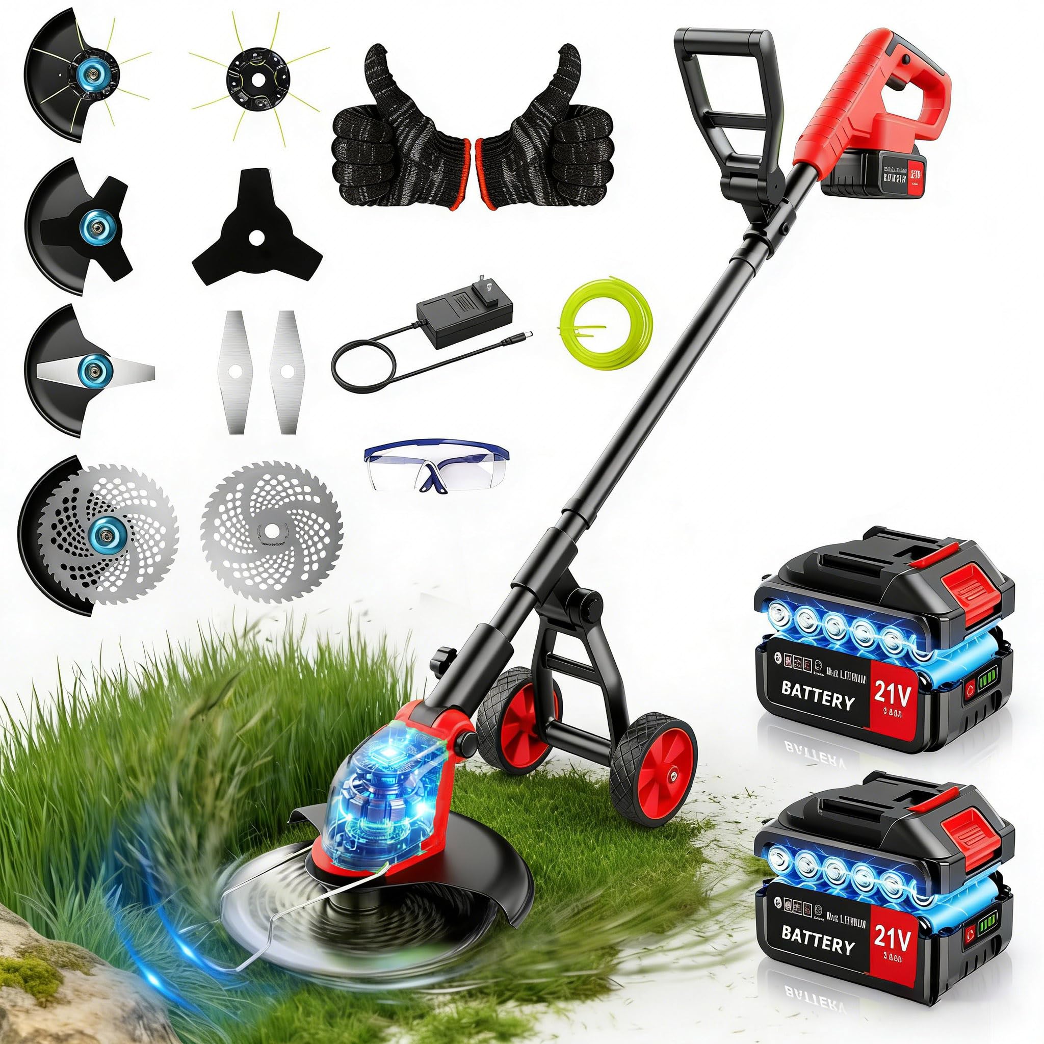Lacoco Cordless Grass Trimmer Battery Strimmer with Wheels 12" Cut Width 2x3.0Ah Battery Grass Cutter 4-in-1 Blades Weed Trimmer Brush Cutter Garden Strimmer for Lawn Yard Weed Bush
