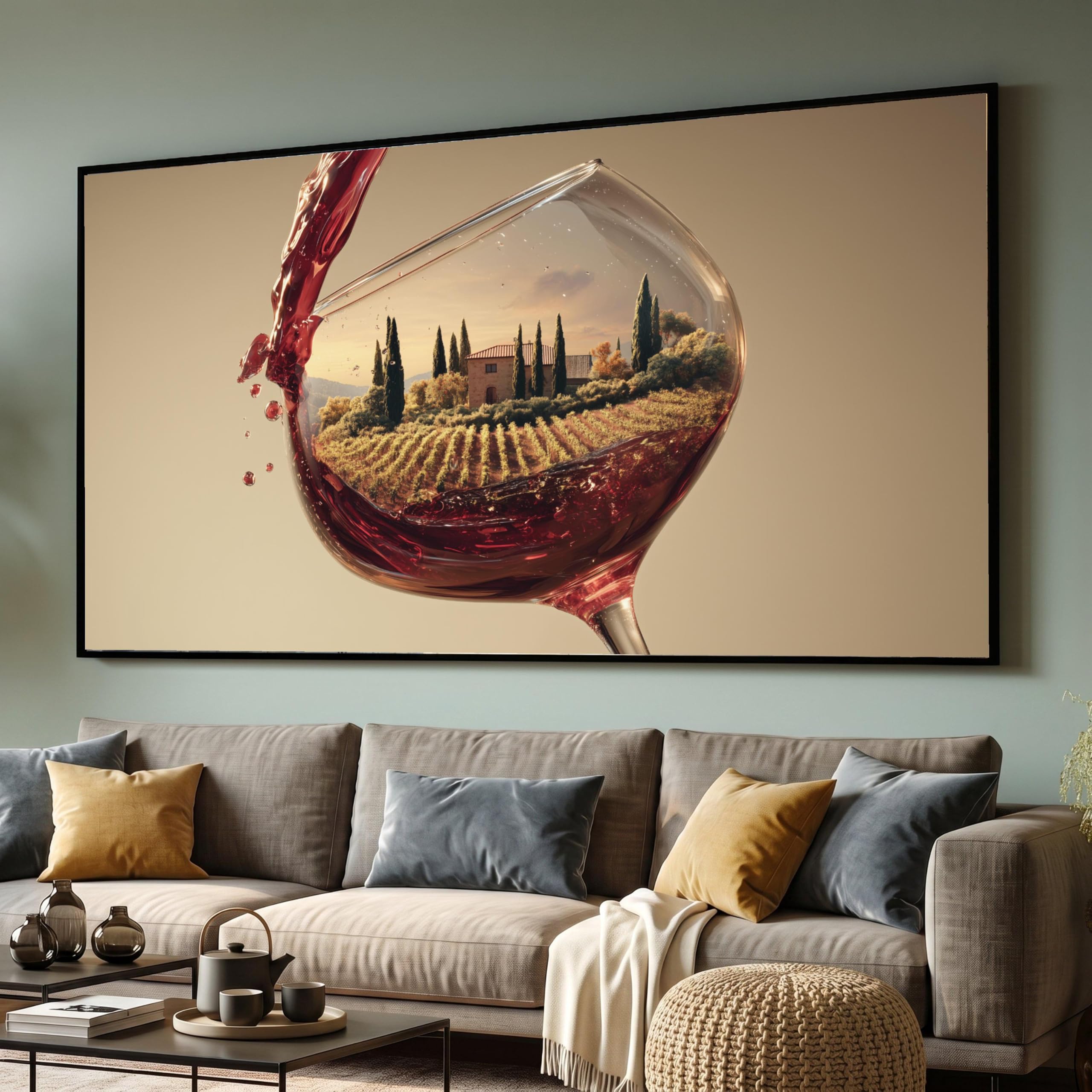 TONGYINLI Vineyard Landscape Canvas Print, Countryside Wall Art, Rustic Home Decor, Wine Glass Themed Painting, Kitchen Mural(70x130cm/Frameless)