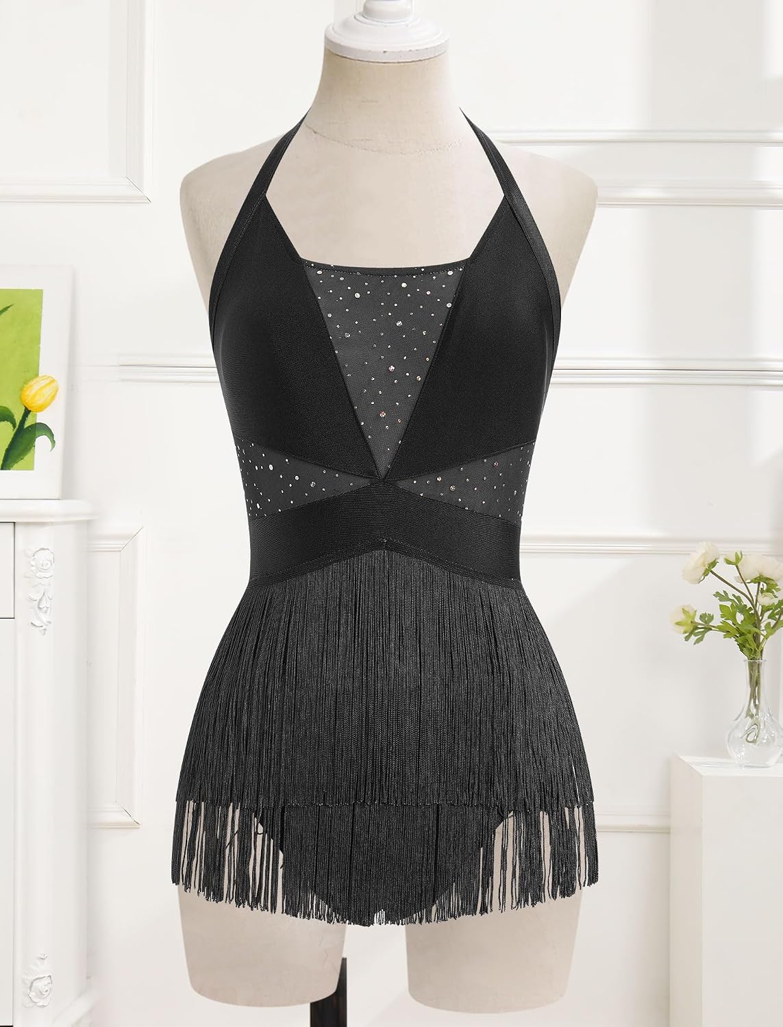 ODASDO Woman Latin Dance Costume Mesh Sequin Bodysuit Sparkly Jumpsuit Halter Neck Tassel Fringe Romper Mini Dress XS-XL