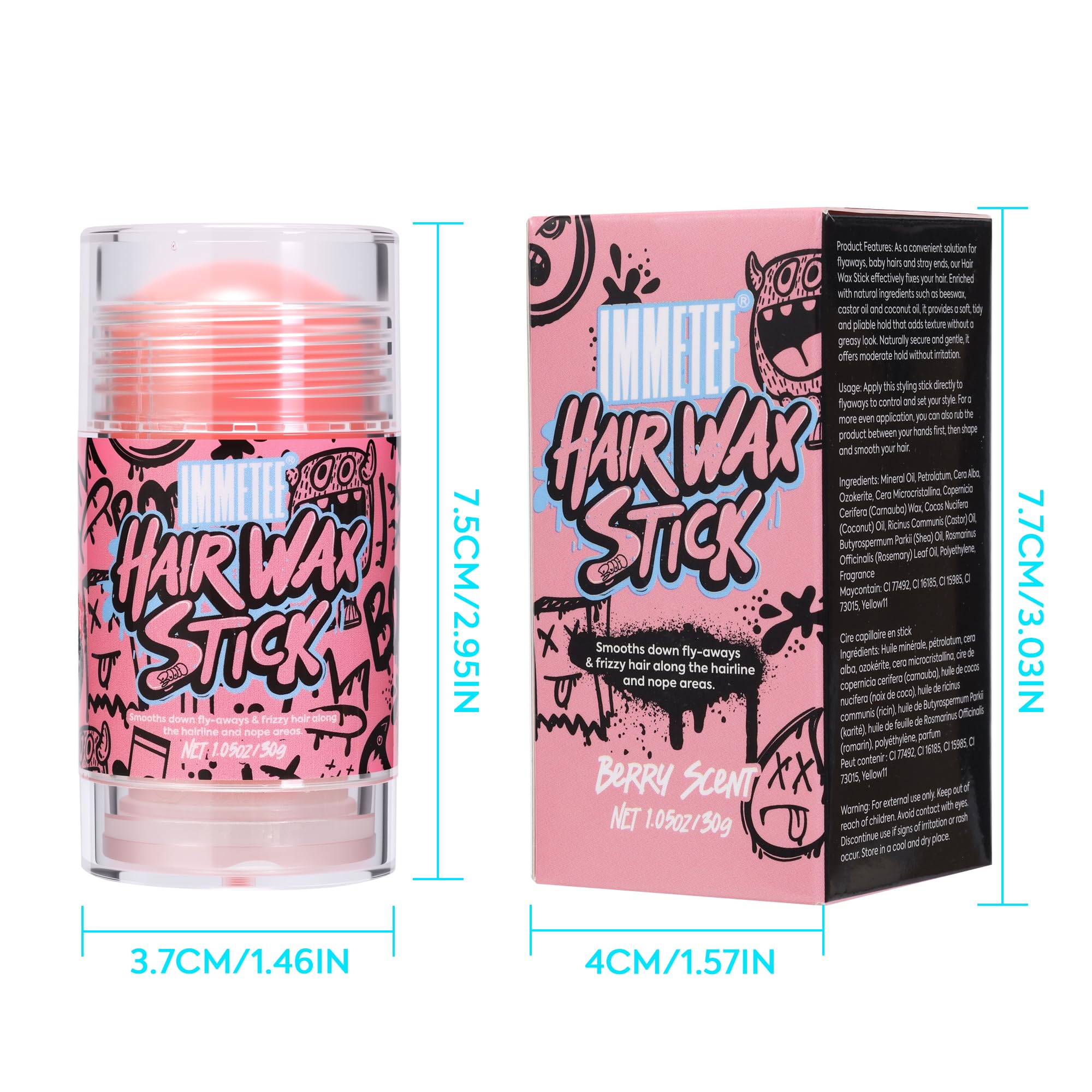 immetee Barra de Cera para el Cabello Mujer - Control Antifrizz y Mechas Sueltas - No Grasa, Sin Residuos, Fijador para Peinados, Pelucas y Control de Contorno, 1.05oz/30g (Frambuesa)
