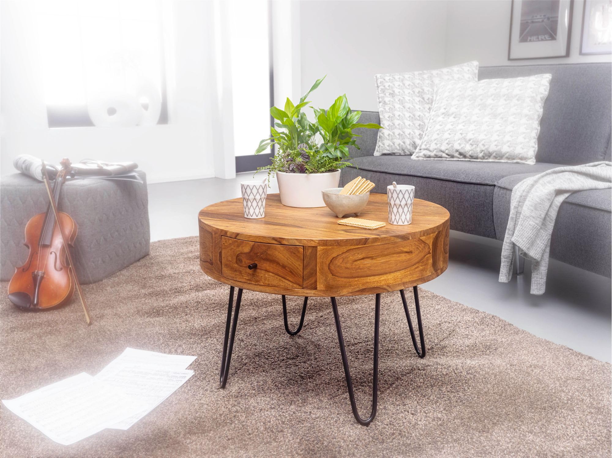 WOHNLING tavolino in Legno massello Sheesham Tavolo 115 cm di Larghezza Sala da Pranzo Gambe Design del Tavolo in Metallo in Stile Country