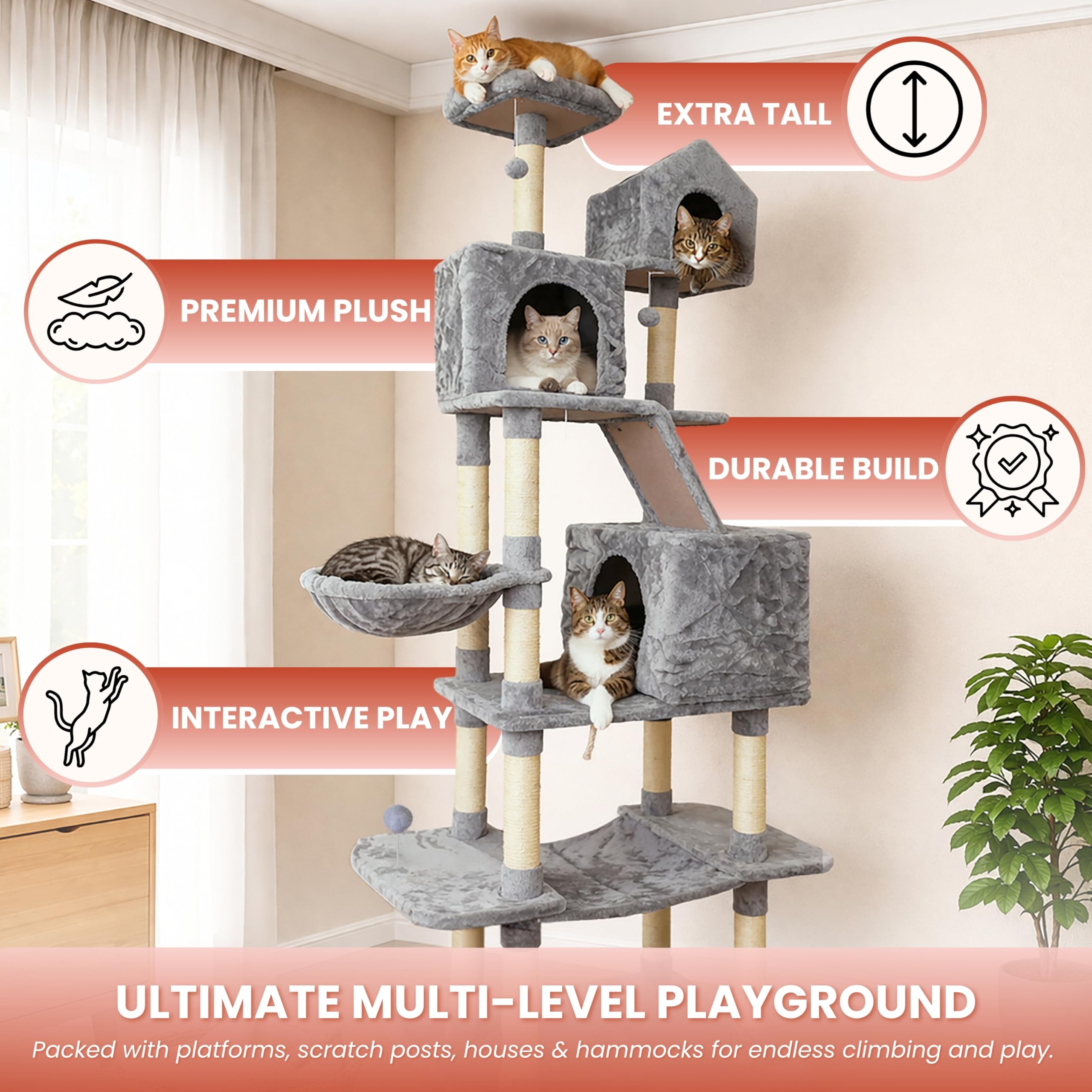 Garden Mile Torre de árbol de lujo extra alta de 2 m para gatos grandes, centro de actividades para gatos de varios niveles con 13 postes rascadores de sisal, rampa para rascar, 3 casas, hamacas